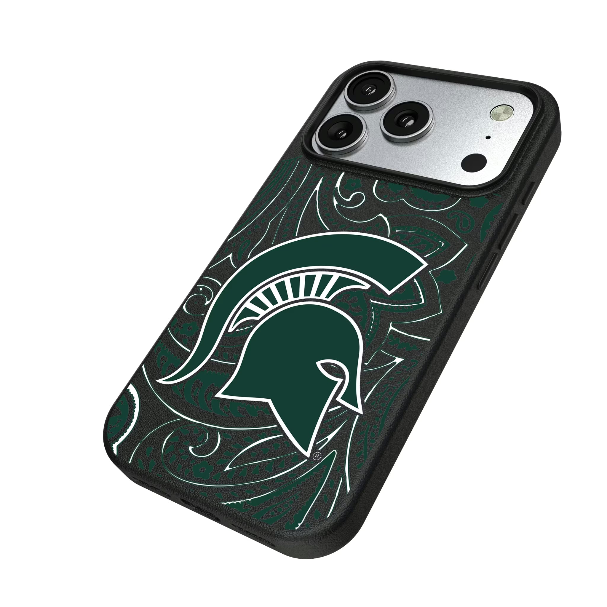 Michigan State University Spartans Paisley iPhone MagSafe Compatible Phone Case for Apple iPhone - Isometric View#Device_iPhone 17 Pro