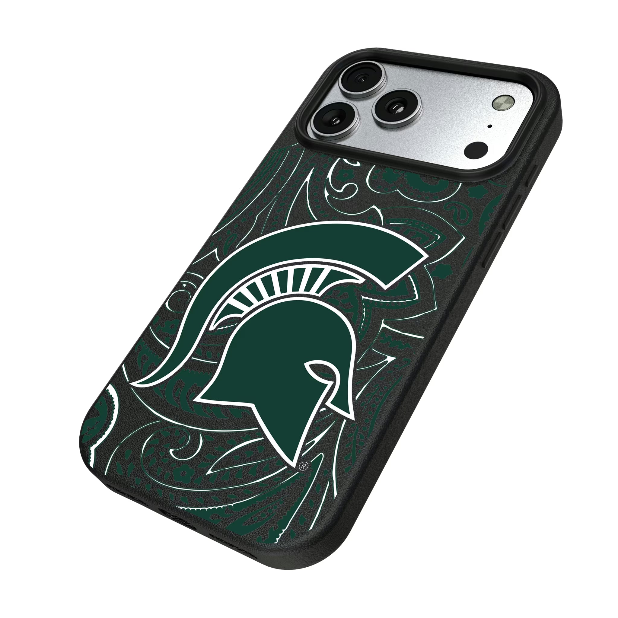 Michigan State University Spartans Paisley iPhone MagSafe Compatible Phone Case for Apple iPhone - Isometric View#Device_iPhone 17 Pro Max