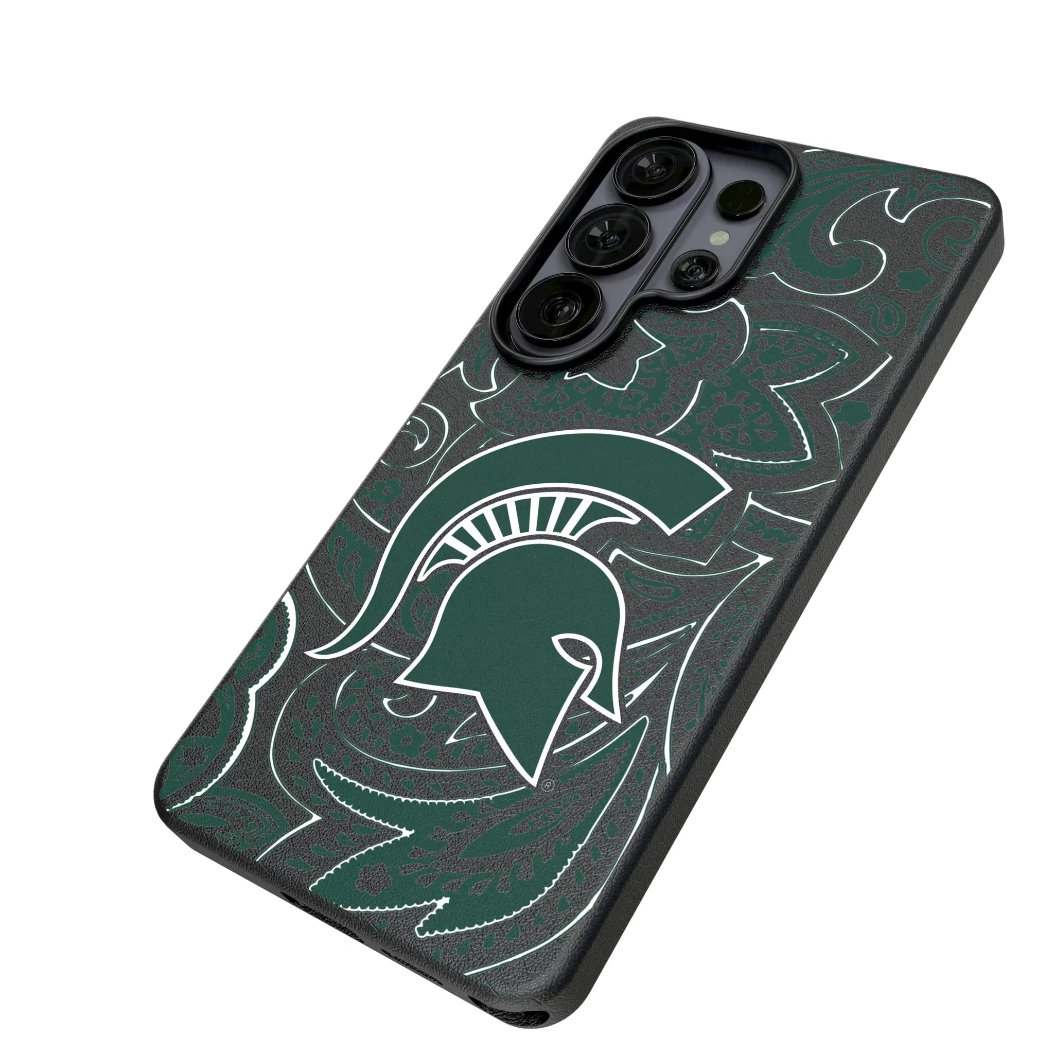 Michigan State University Spartans Paisley Galaxy MagSafe Compatible Phone Case for Samsung Galaxy - Isometric View#Device_Galaxy S26 Ultra