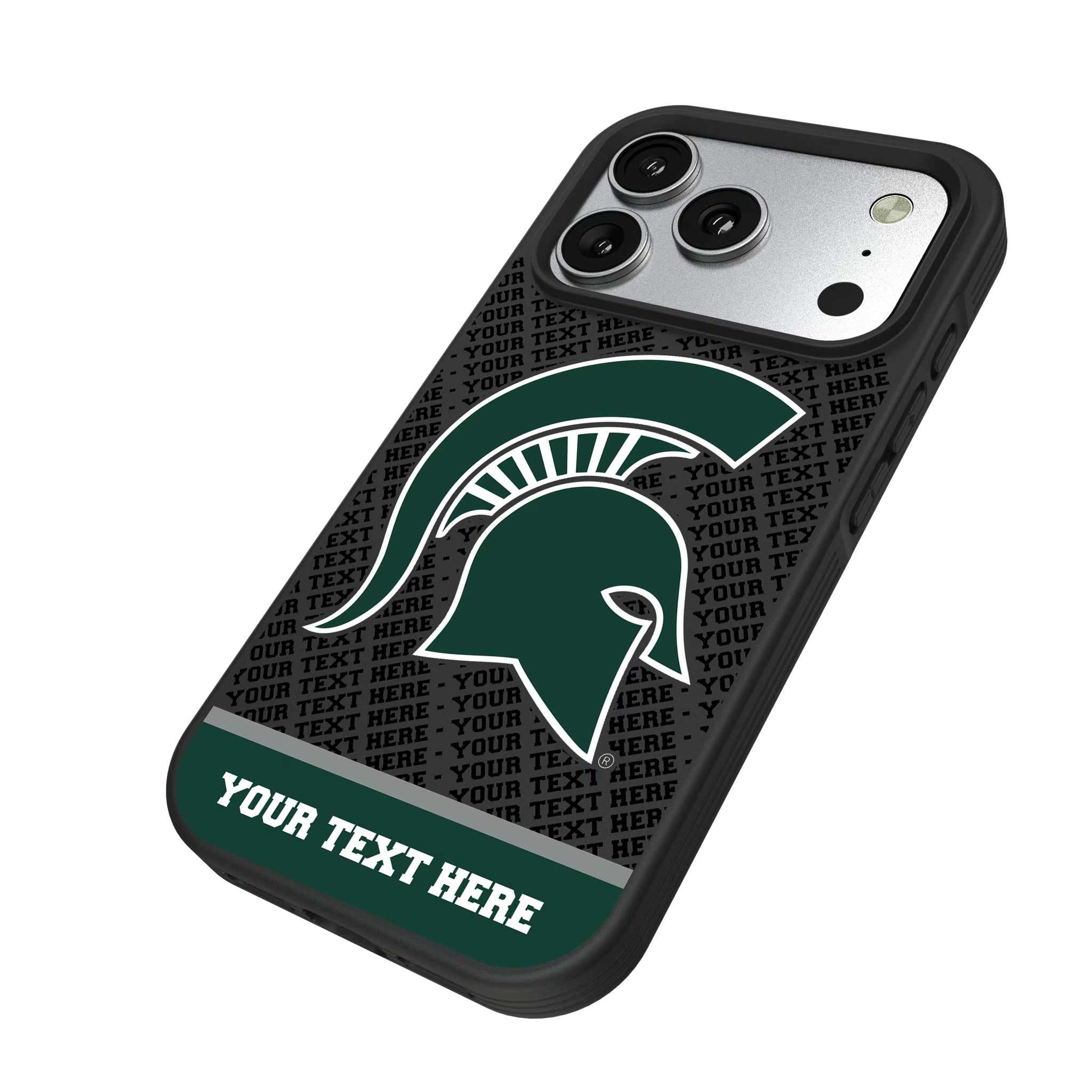 Michigan State University Spartans Personalized EndZone Plus iPhone Bump Phone Case for Apple iPhone - Isometric View#Device_iPhone 17 Pro