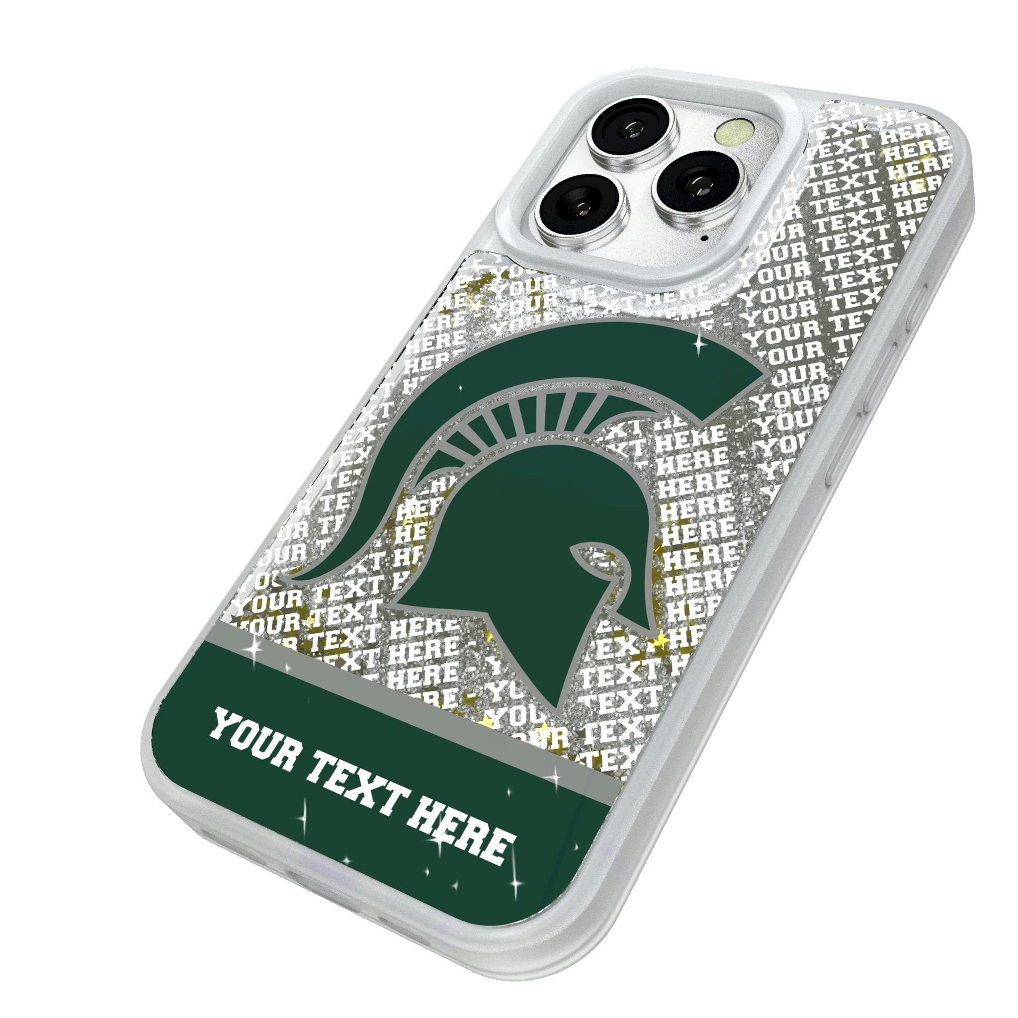 Michigan State University Spartans Personalized EndZone Plus iPhone Glitter Phone Case for Apple iPhone - Isometric View#Device_iPhone 16 Pro