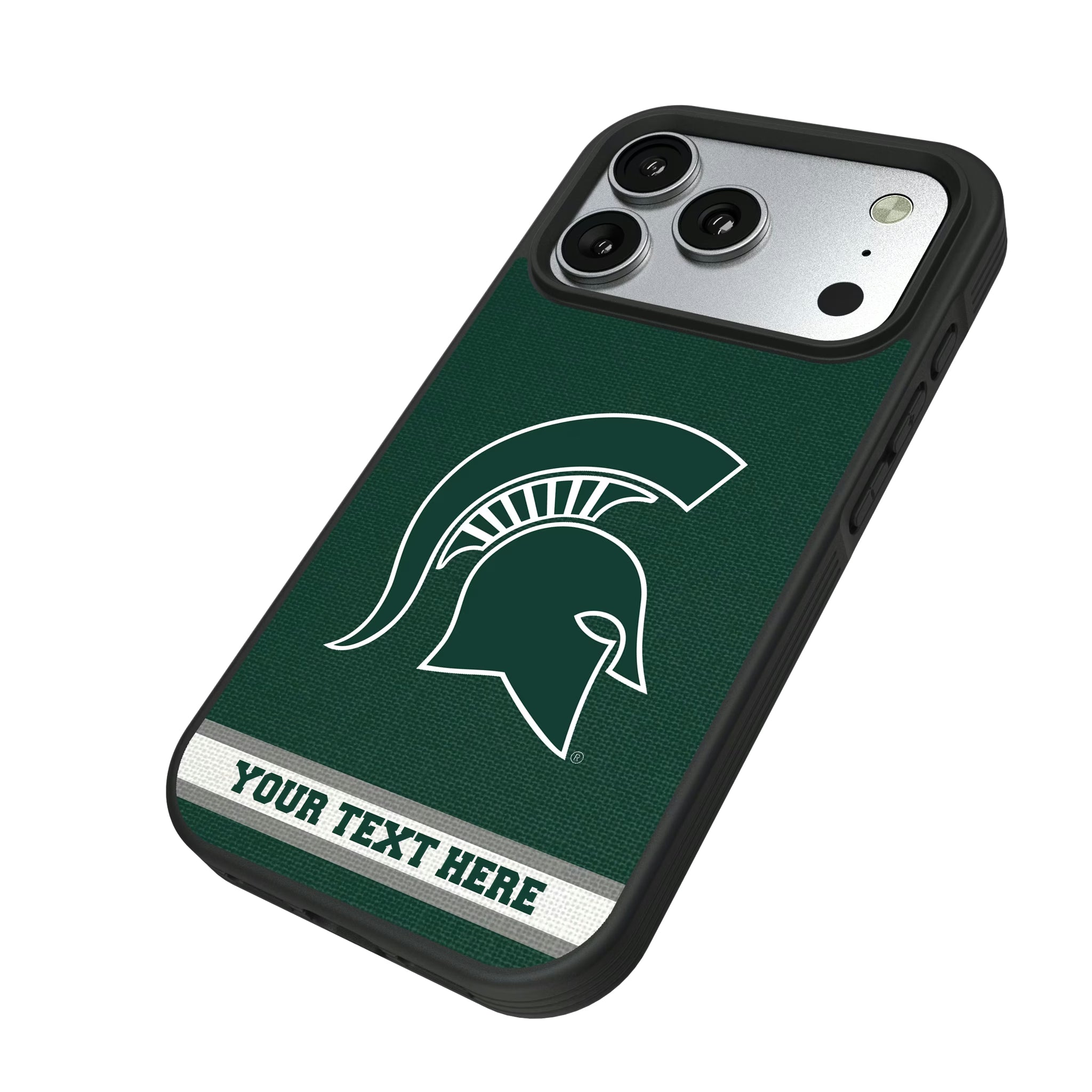 Michigan State University Spartans Personalized Stripe iPhone Bump Phone Case for Apple iPhone - Isometric View#Device_iPhone 17 Pro
