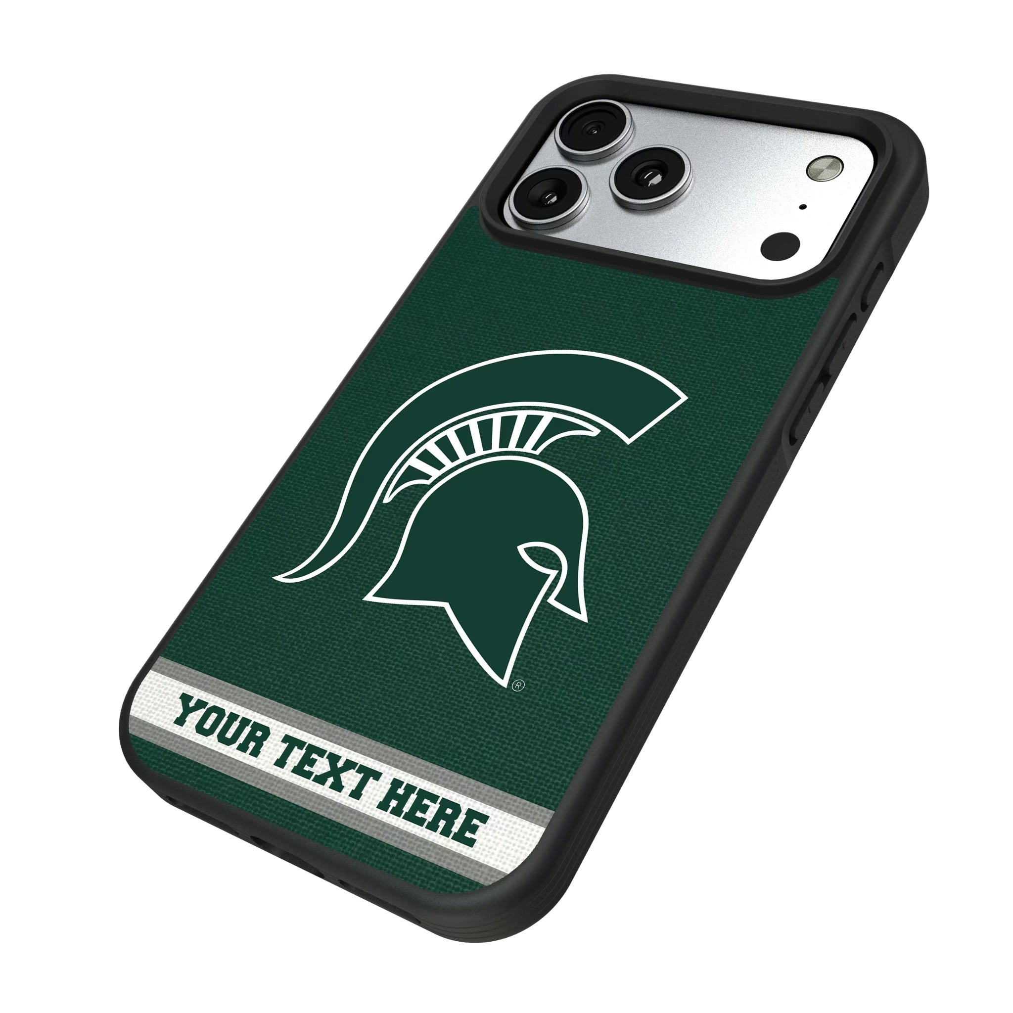 Michigan State University Spartans Personalized Stripe iPhone Bump Phone Case for Apple iPhone - Isometric View#Device_iPhone 17 Pro Max