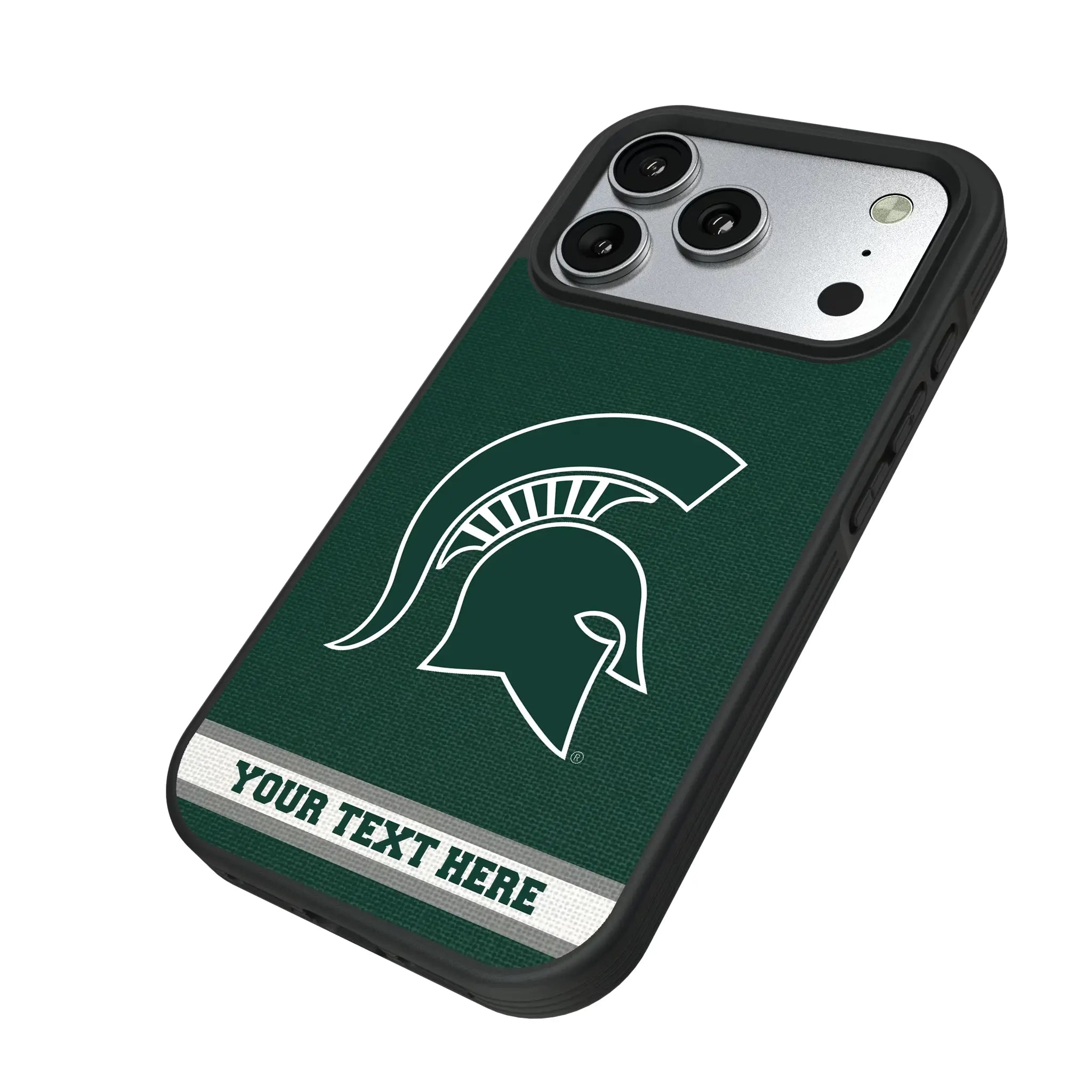 Michigan State University Spartans Personalized Stripe iPhone Bump Phone Case for Apple iPhone - Isometric View#Device_iPhone 17 Pro