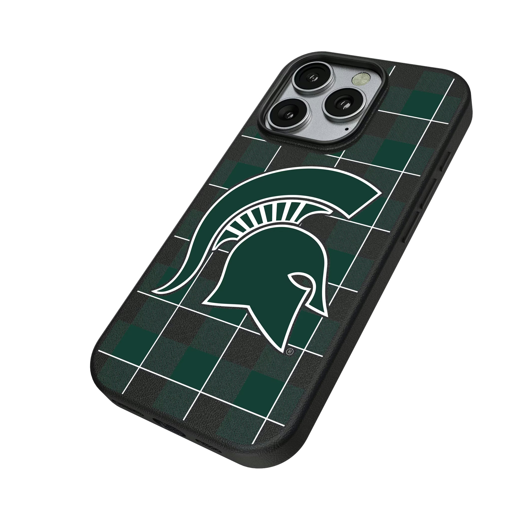 Michigan State University Spartans Plaid iPhone MagSafe Compatible Phone Case for Apple iPhone - Isometric View