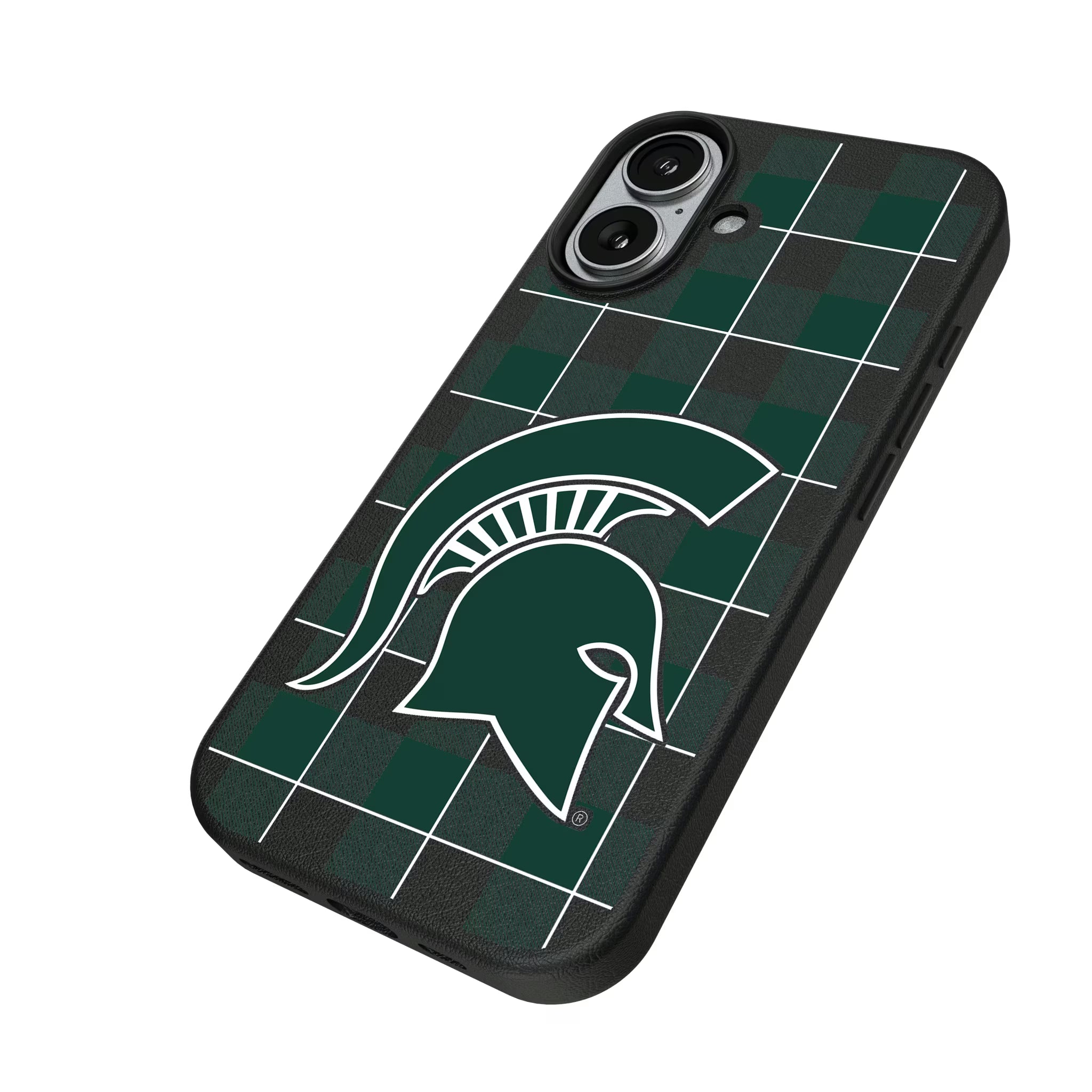 Michigan State University Spartans Plaid iPhone MagSafe Compatible Phone Case for Apple iPhone - Isometric View#Device_iPhone 17