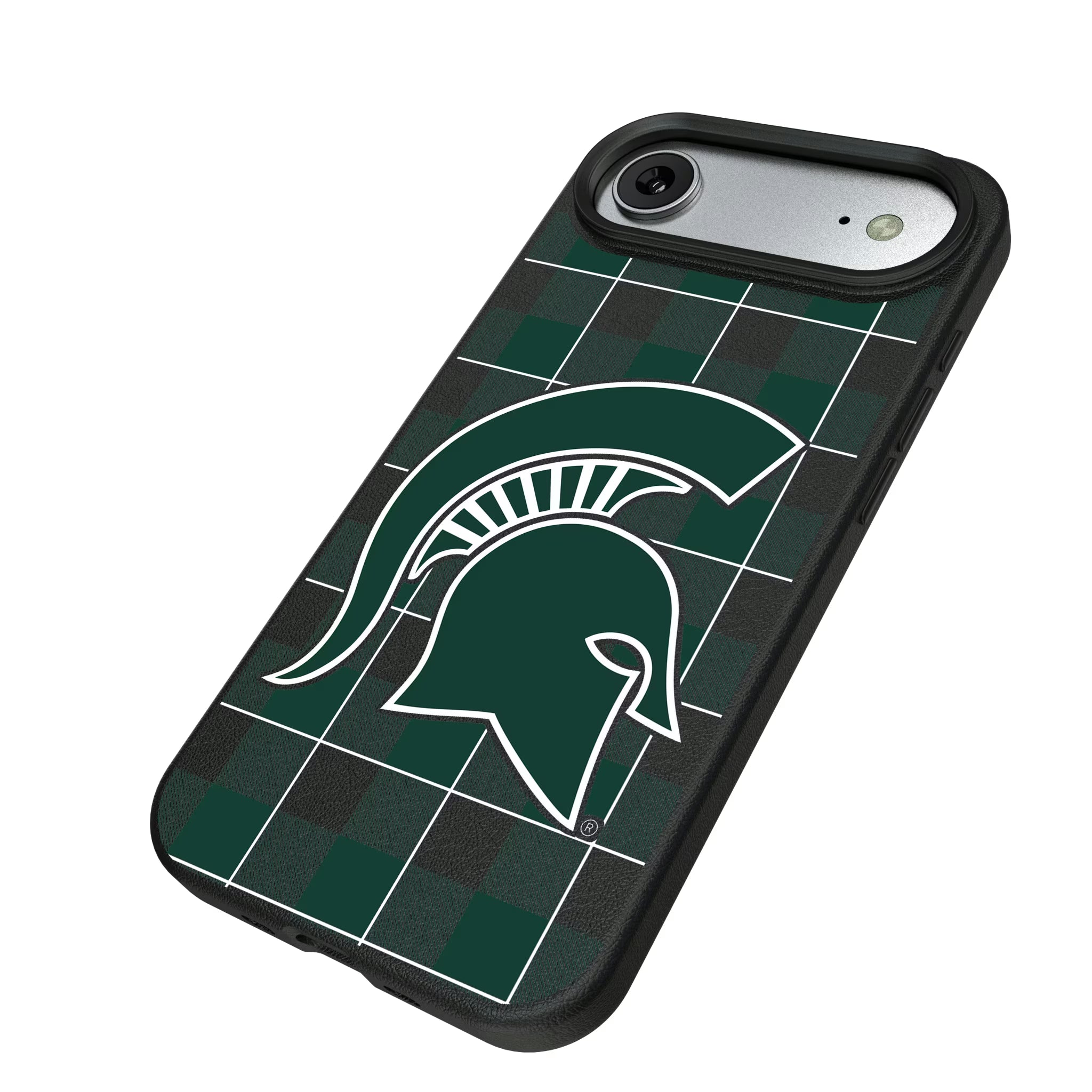 Michigan State University Spartans Plaid iPhone MagSafe Compatible Phone Case for Apple iPhone - Isometric View#Device_iPhone Air
