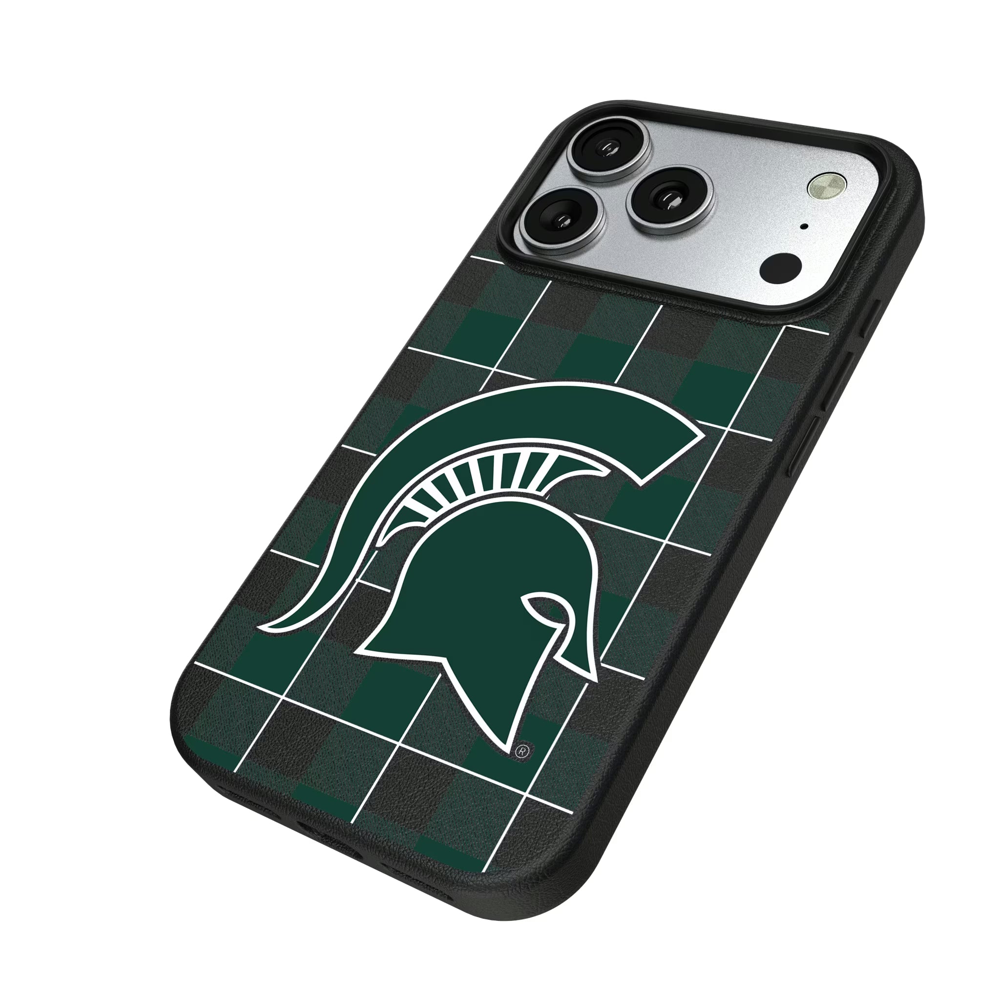 Michigan State University Spartans Plaid iPhone MagSafe Compatible Phone Case for Apple iPhone - Isometric View#Device_iPhone 17 Pro