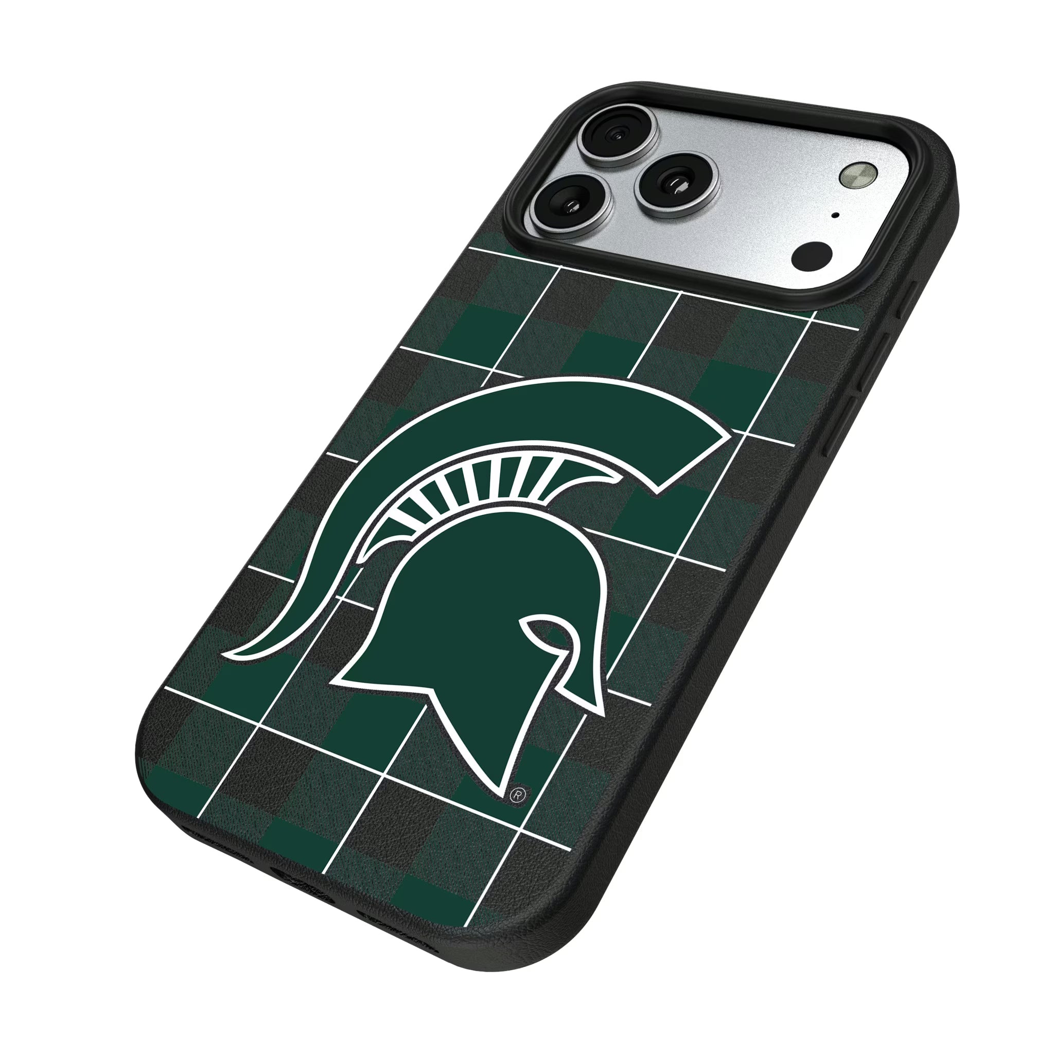 Michigan State University Spartans Plaid iPhone MagSafe Compatible Phone Case for Apple iPhone - Isometric View#Device_iPhone 17 Pro Max