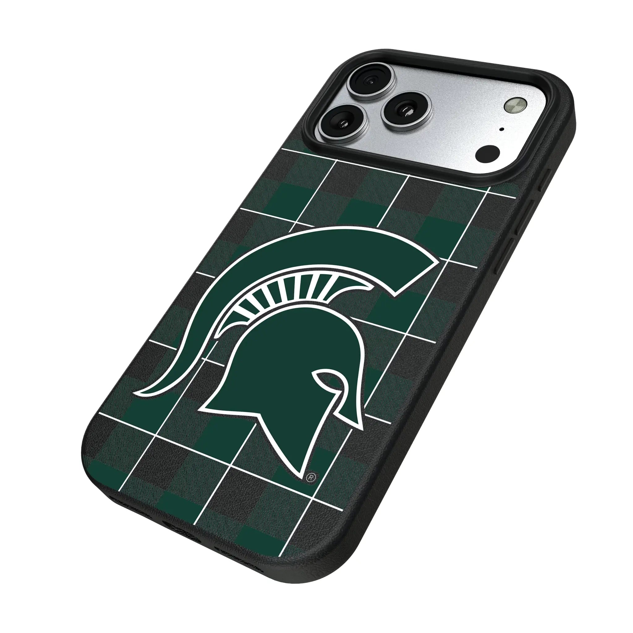 Michigan State University Spartans Plaid iPhone MagSafe Compatible Phone Case for Apple iPhone - Isometric View#Device_iPhone 17 Pro Max