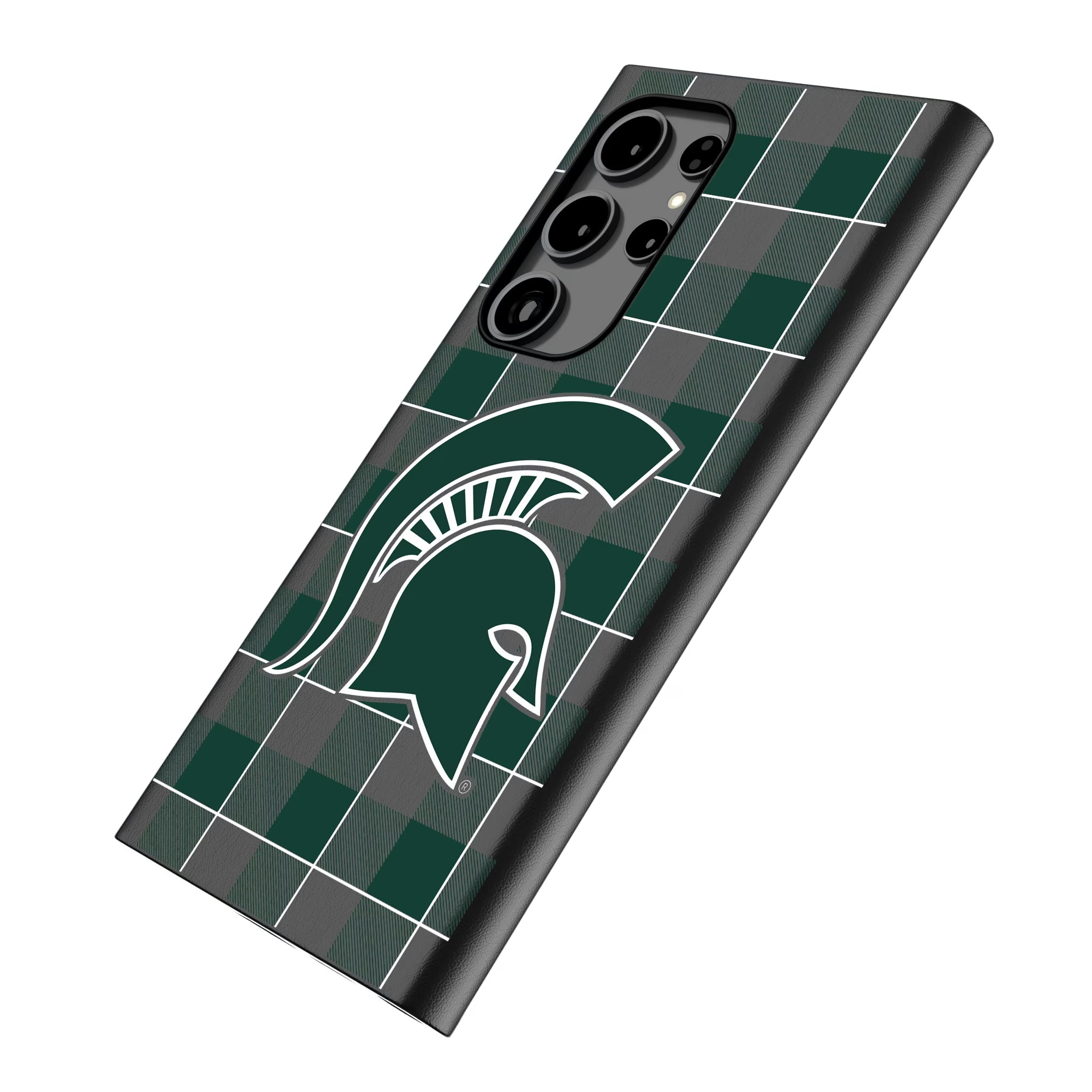 Michigan State University Spartans Plaid Galaxy MagSafe Compatible Phone Case for Samsung Galaxy - Isometric View
