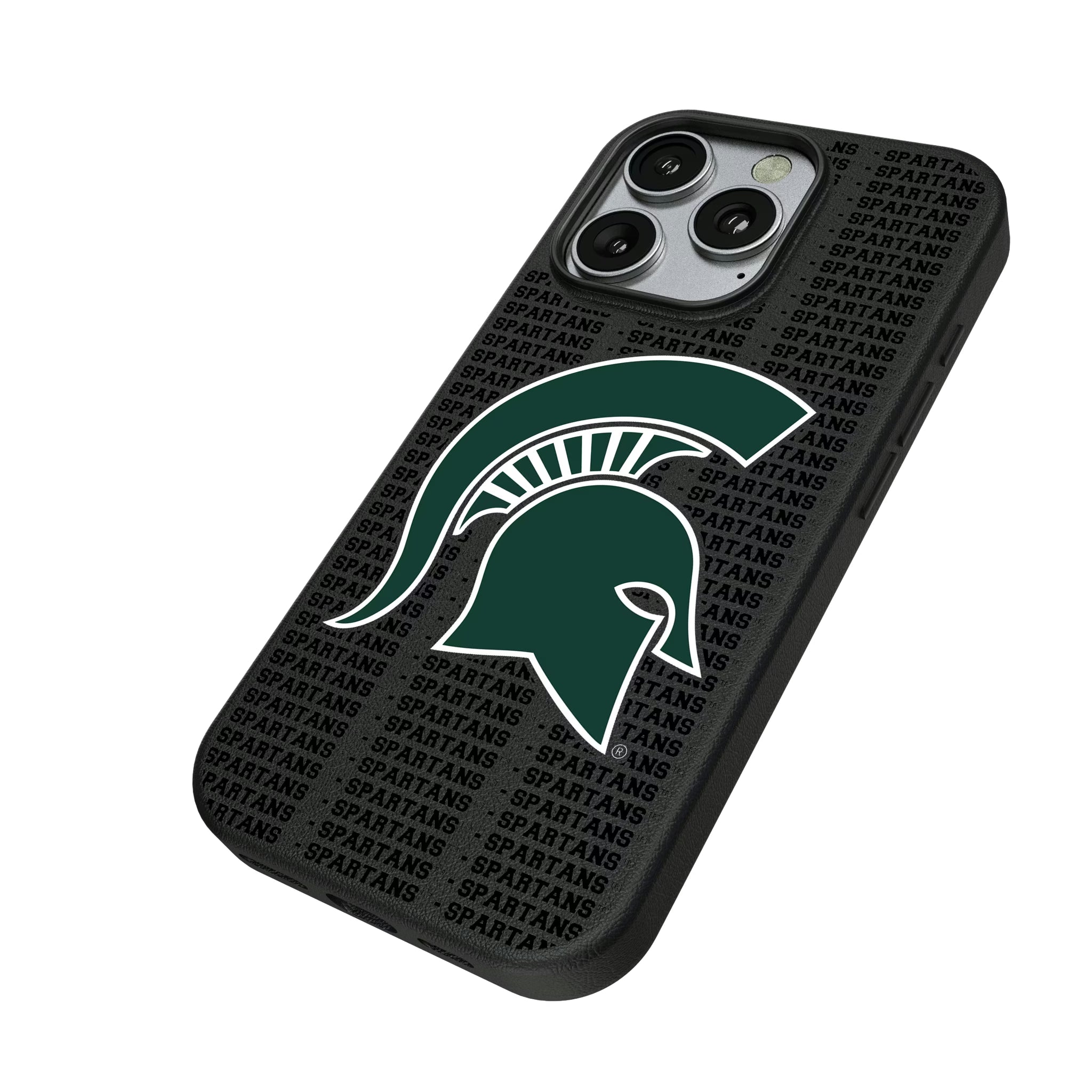 Michigan State University Spartans Text Backdrop iPhone MagSafe Compatible Phone Case for Apple iPhone - Isometric View