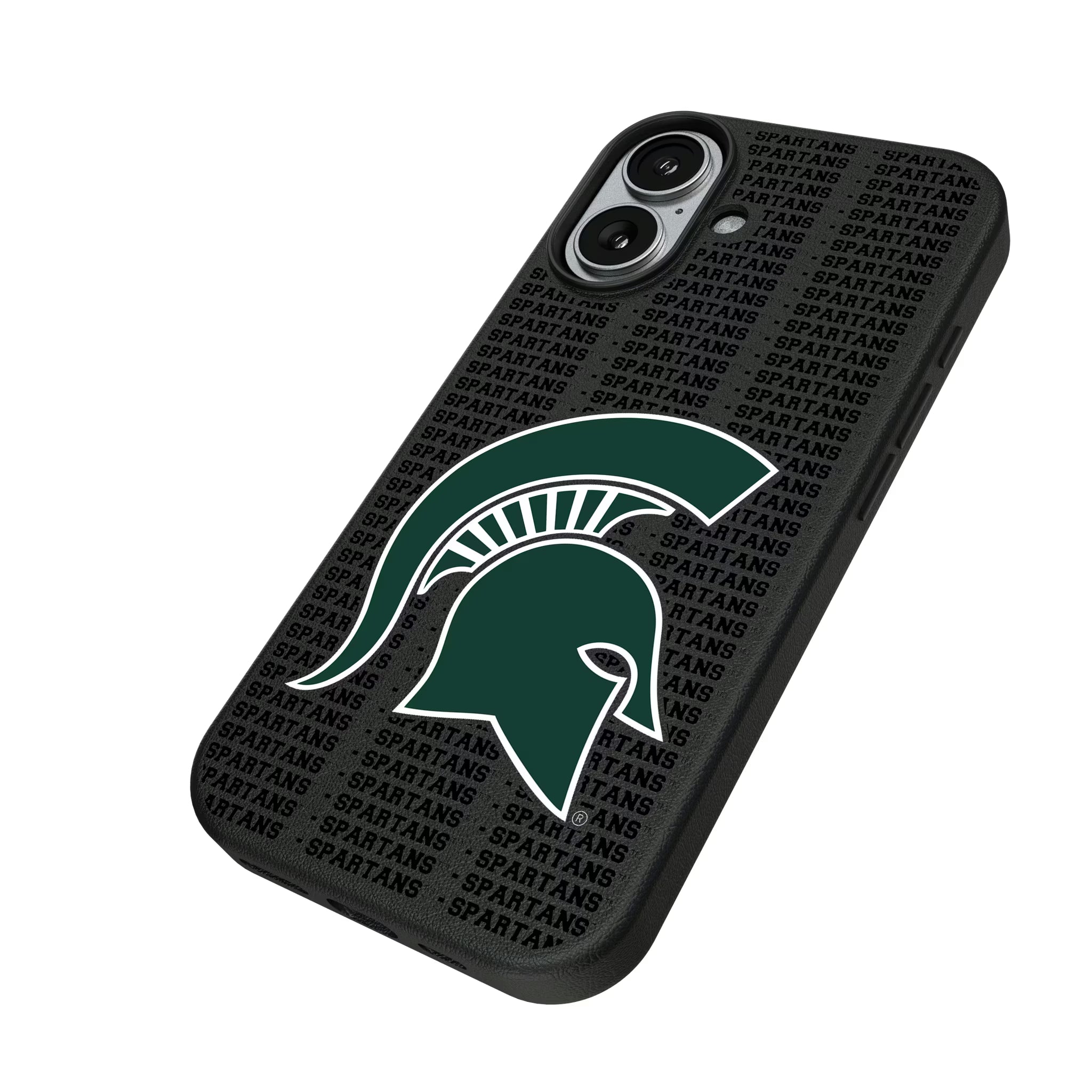 Michigan State University Spartans Text Backdrop iPhone MagSafe Compatible Phone Case for Apple iPhone - Isometric View#Device_iPhone 17