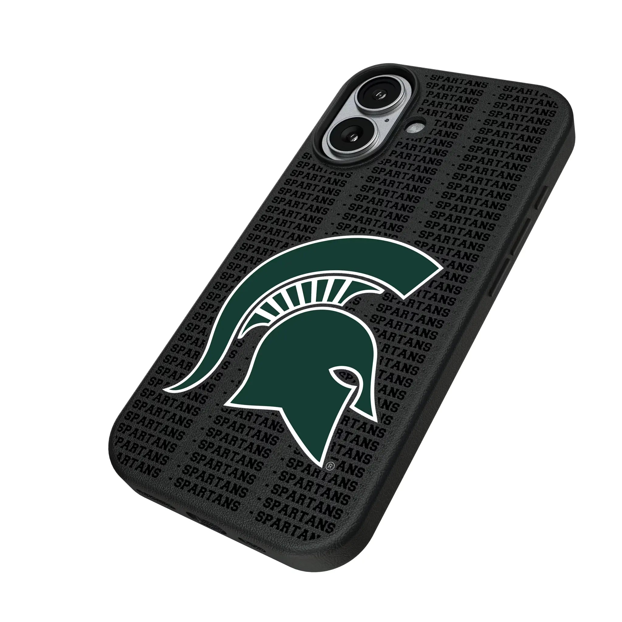 Michigan State University Spartans Text Backdrop iPhone MagSafe Compatible Phone Case for Apple iPhone - Isometric View#Device_iPhone 17