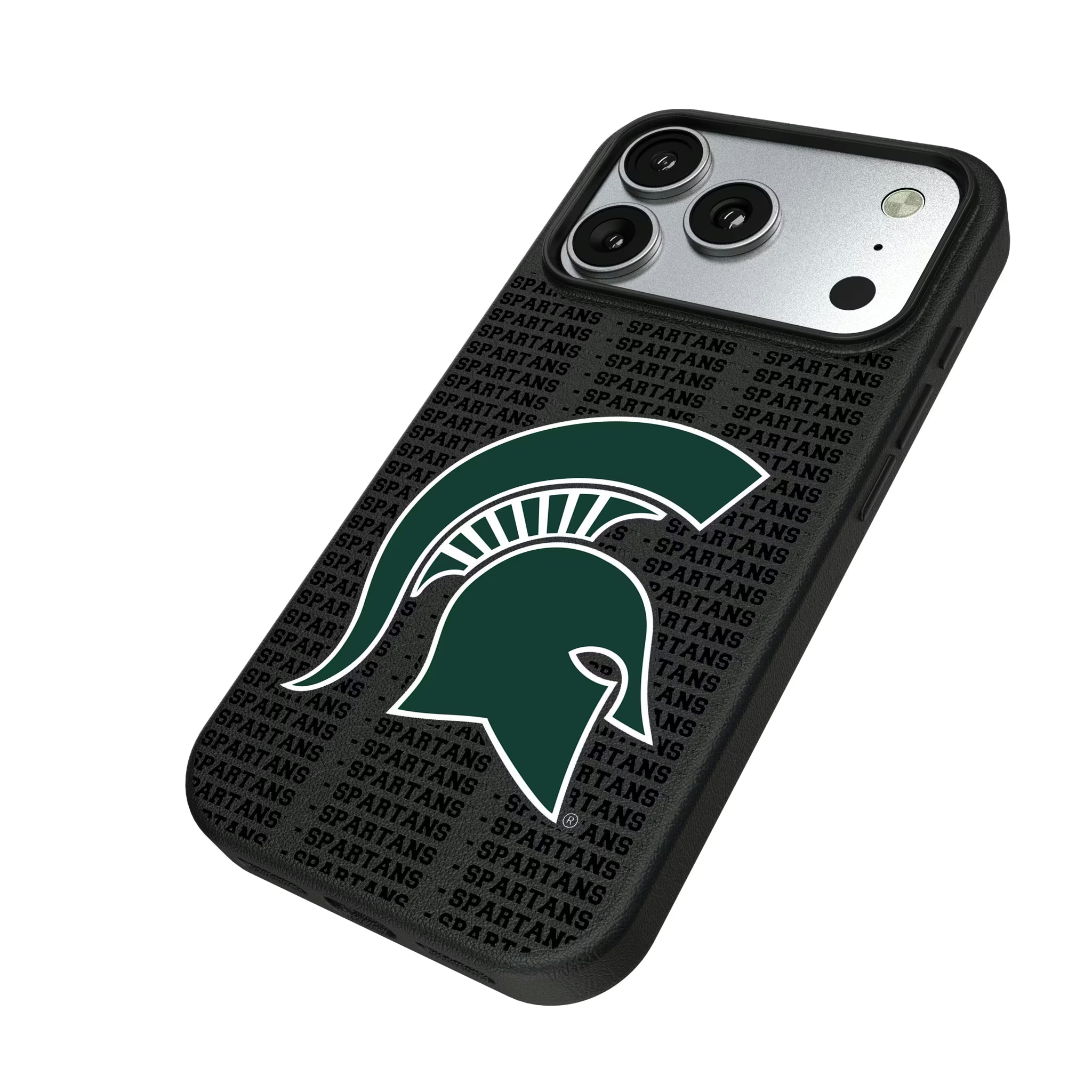 Michigan State University Spartans Text Backdrop iPhone MagSafe Compatible Phone Case for Apple iPhone - Isometric View#Device_iPhone 17 Pro