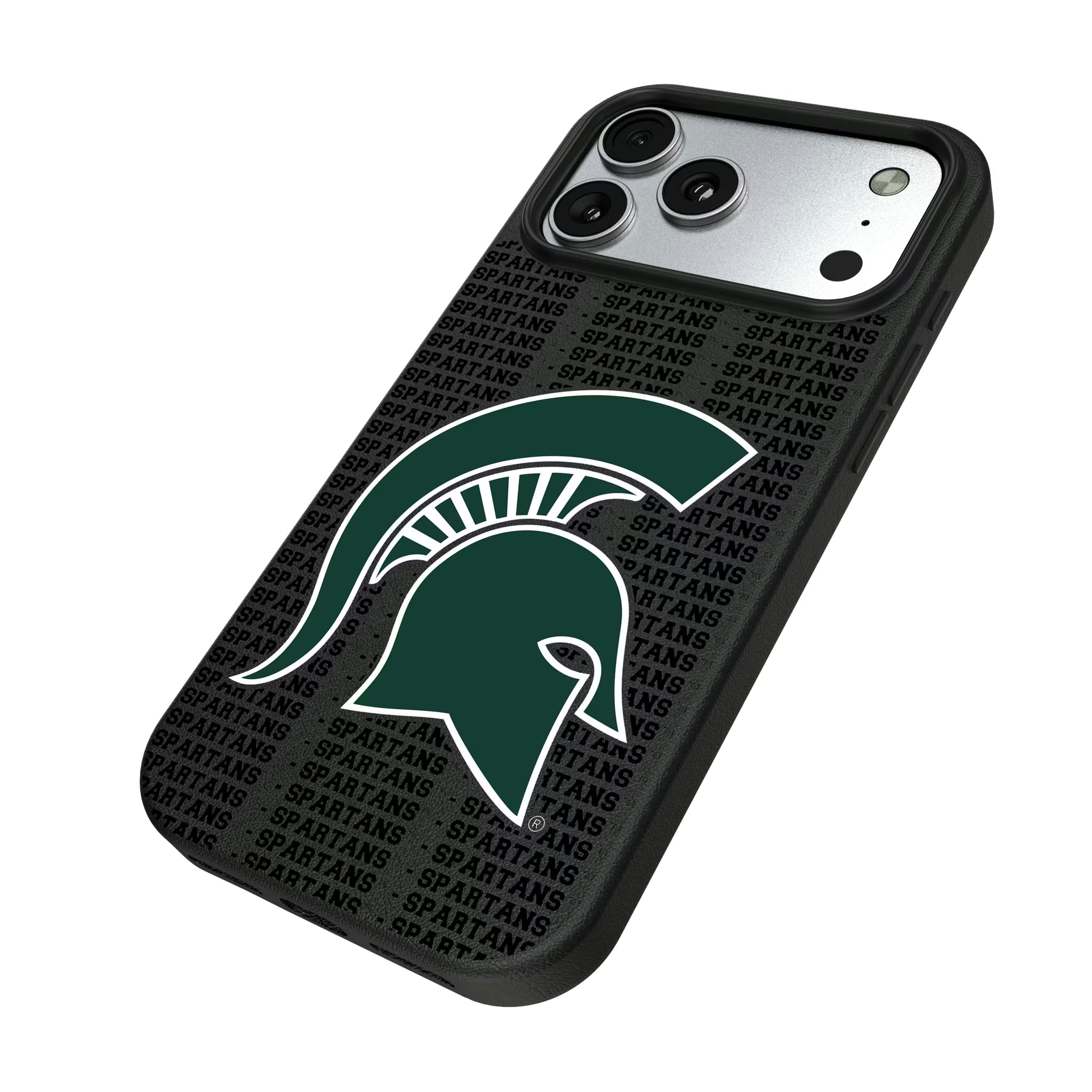 Michigan State University Spartans Text Backdrop iPhone MagSafe Compatible Phone Case for Apple iPhone - Isometric View#Device_iPhone 17 Pro Max