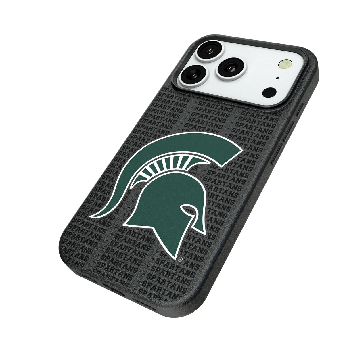 Michigan State University Spartans Text Backdrop iPhone MagSafe Compatible Phone Case for Apple iPhone - Isometric View#Device_iPhone 18 Pro