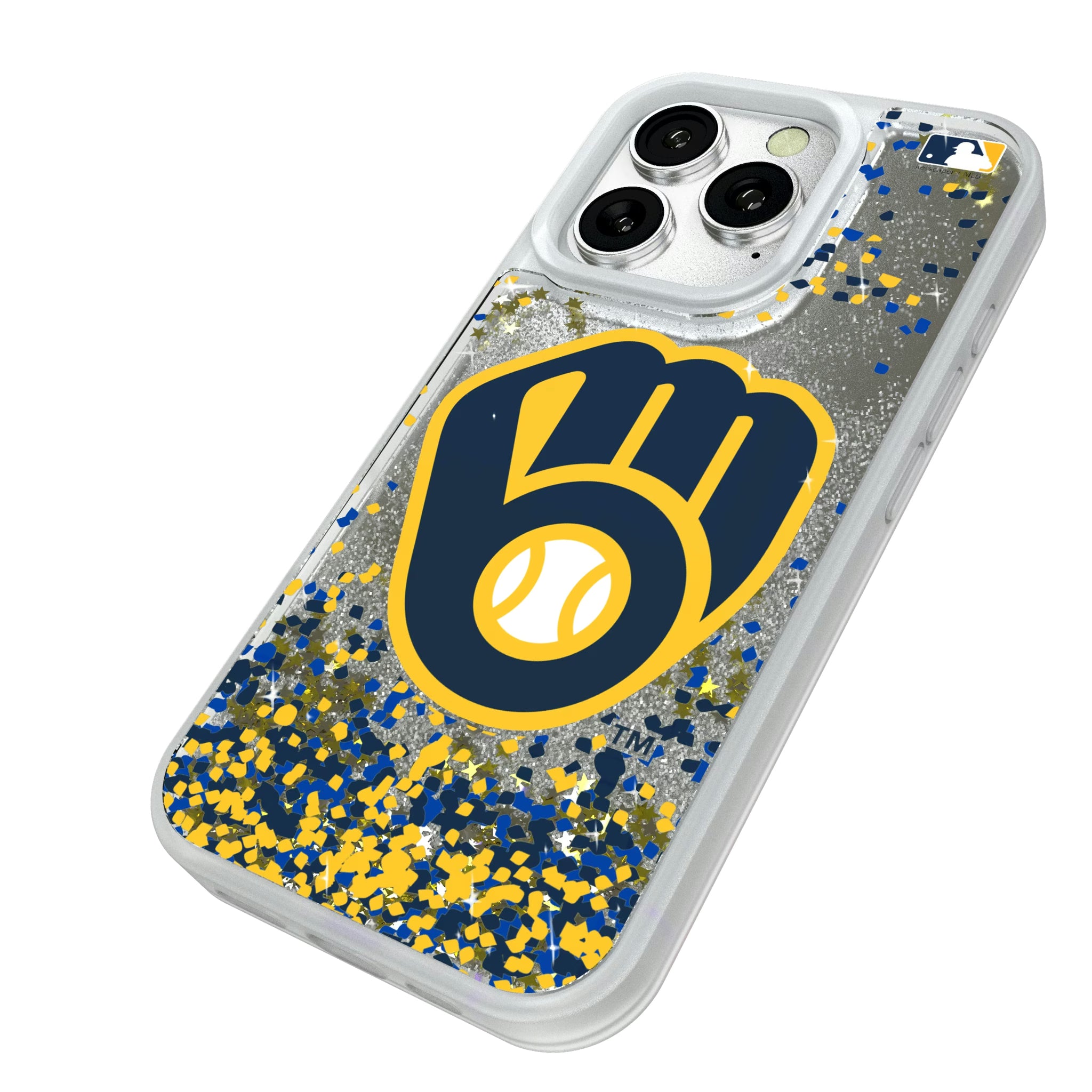 Milwaukee Brewers Confetti iPhone Glitter Phone Case for Apple iPhone - Isometric View#Device_iPhone 16 Pro