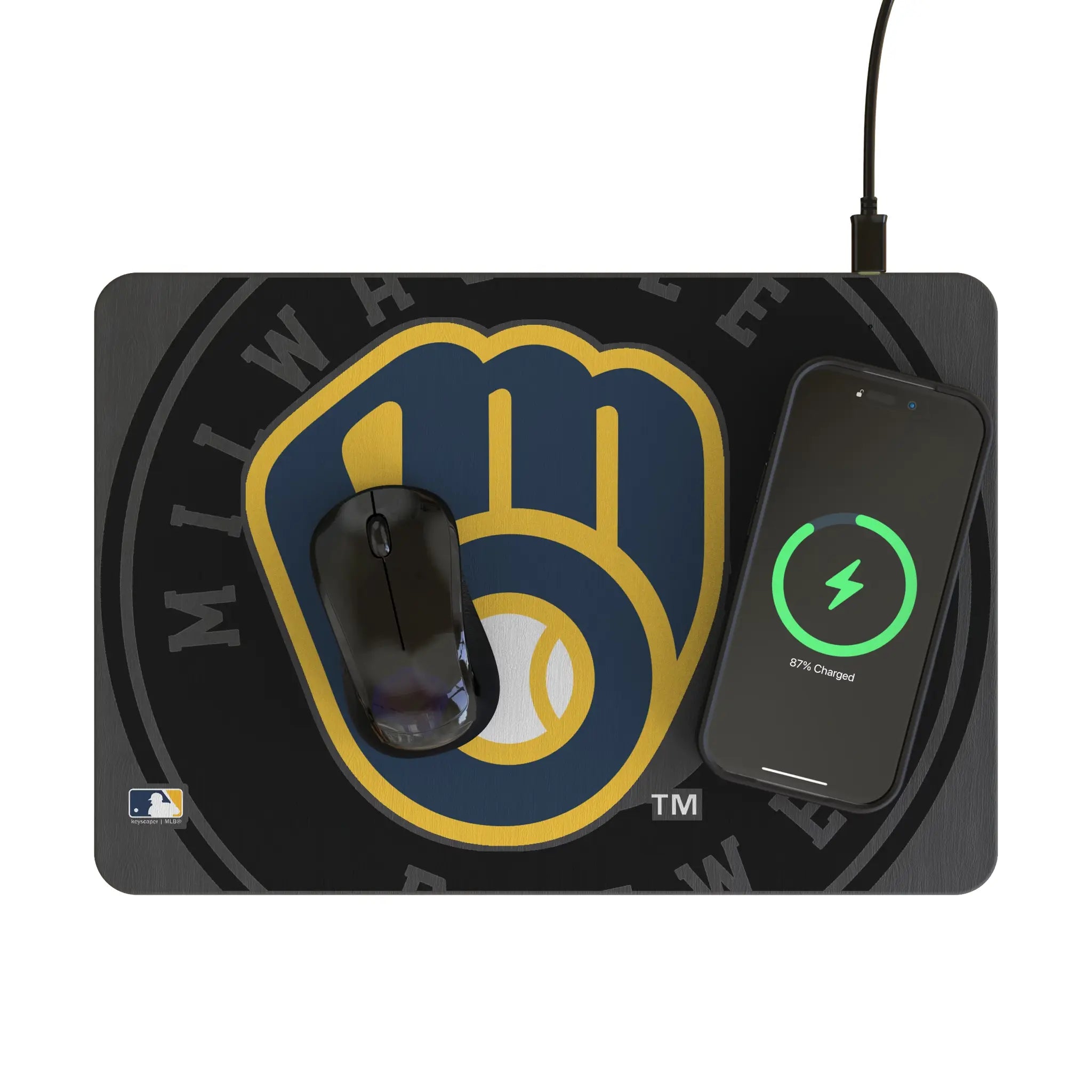 Milwaukee Brewers Monocolor Tilt 15-Watt Wireless Charger and Mouse Pad - Lifestyle