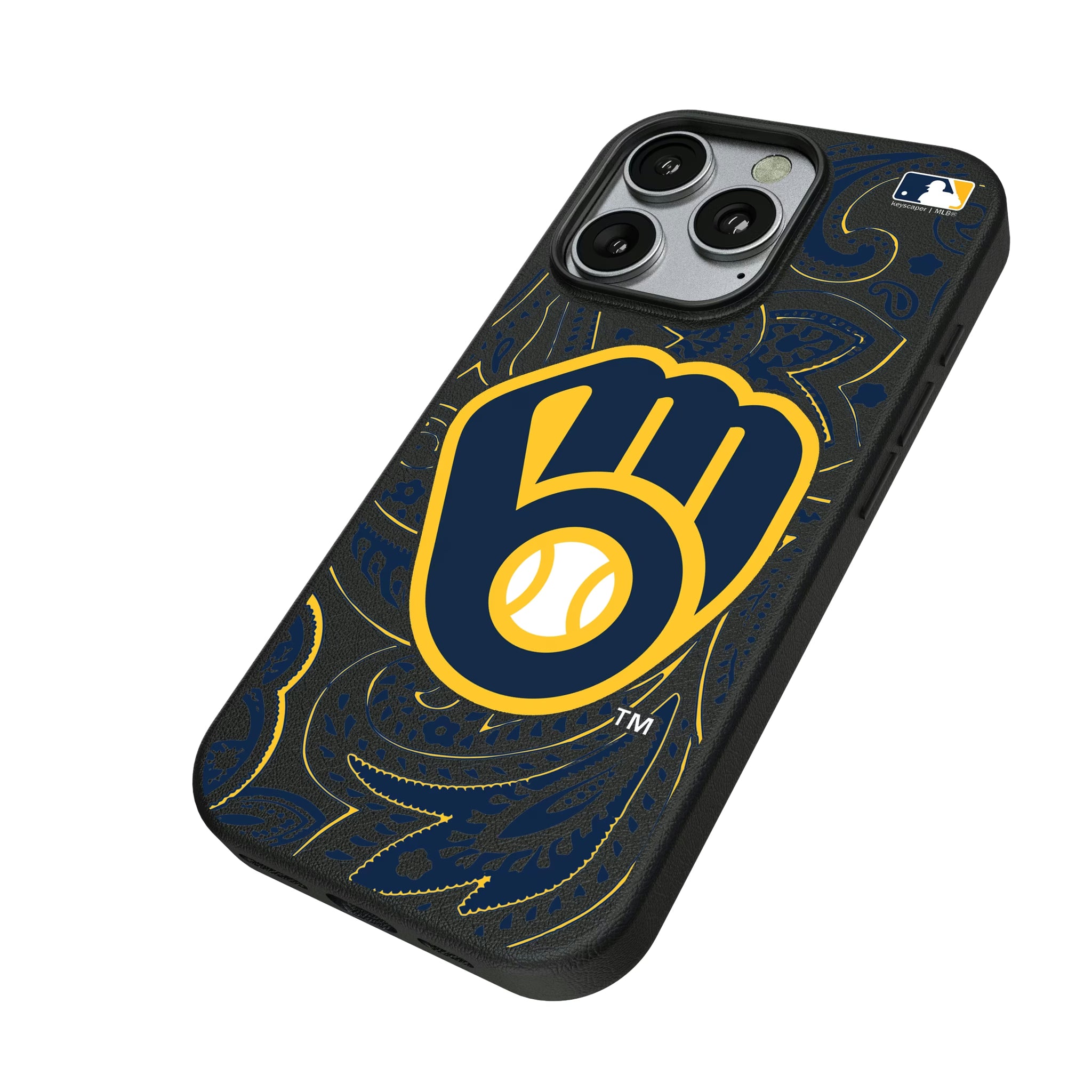 Milwaukee Brewers Paisley iPhone MagSafe Compatible Phone Case for Apple iPhone - Isometric View