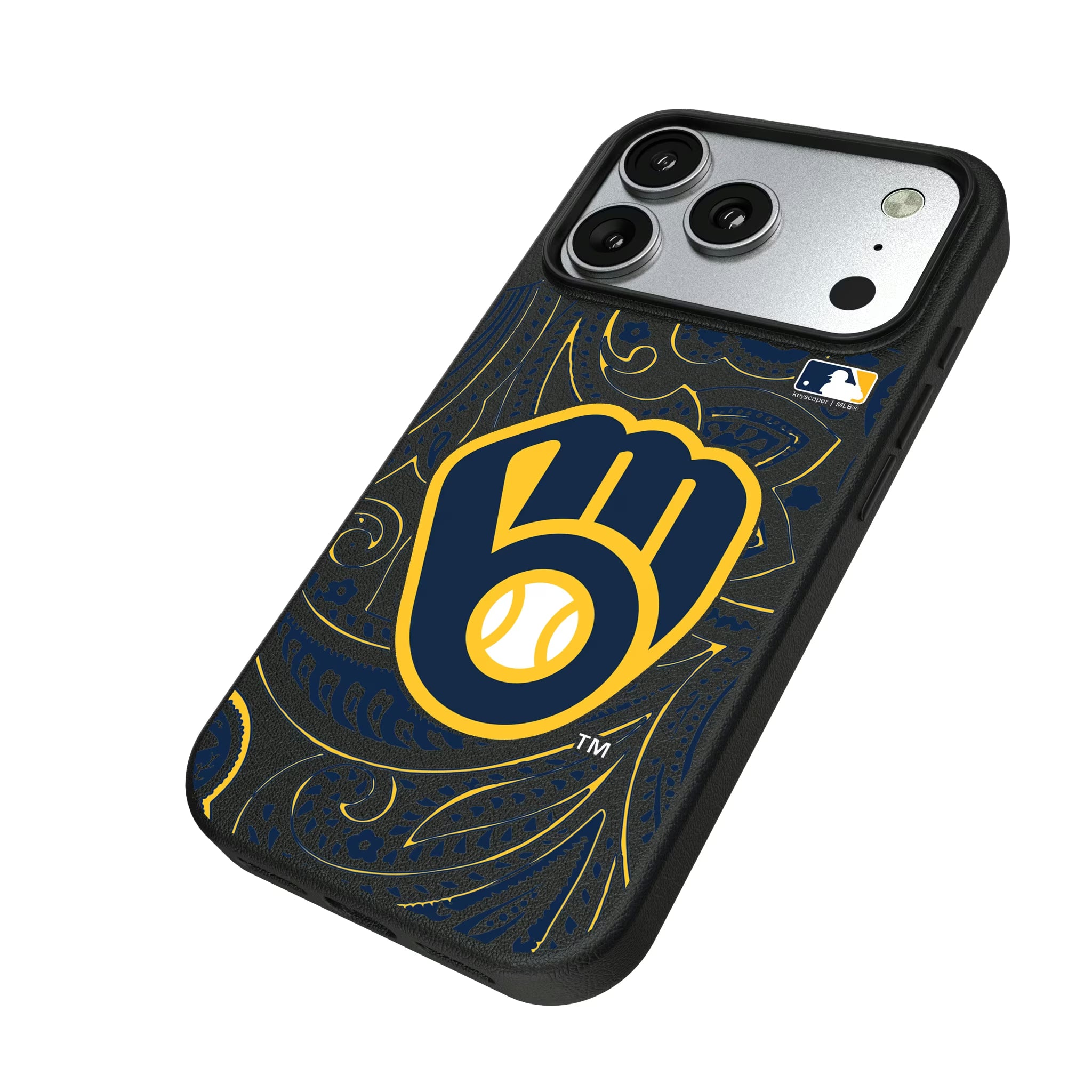Milwaukee Brewers Paisley iPhone MagSafe Compatible Phone Case for Apple iPhone - Isometric View#Device_iPhone 17 Pro