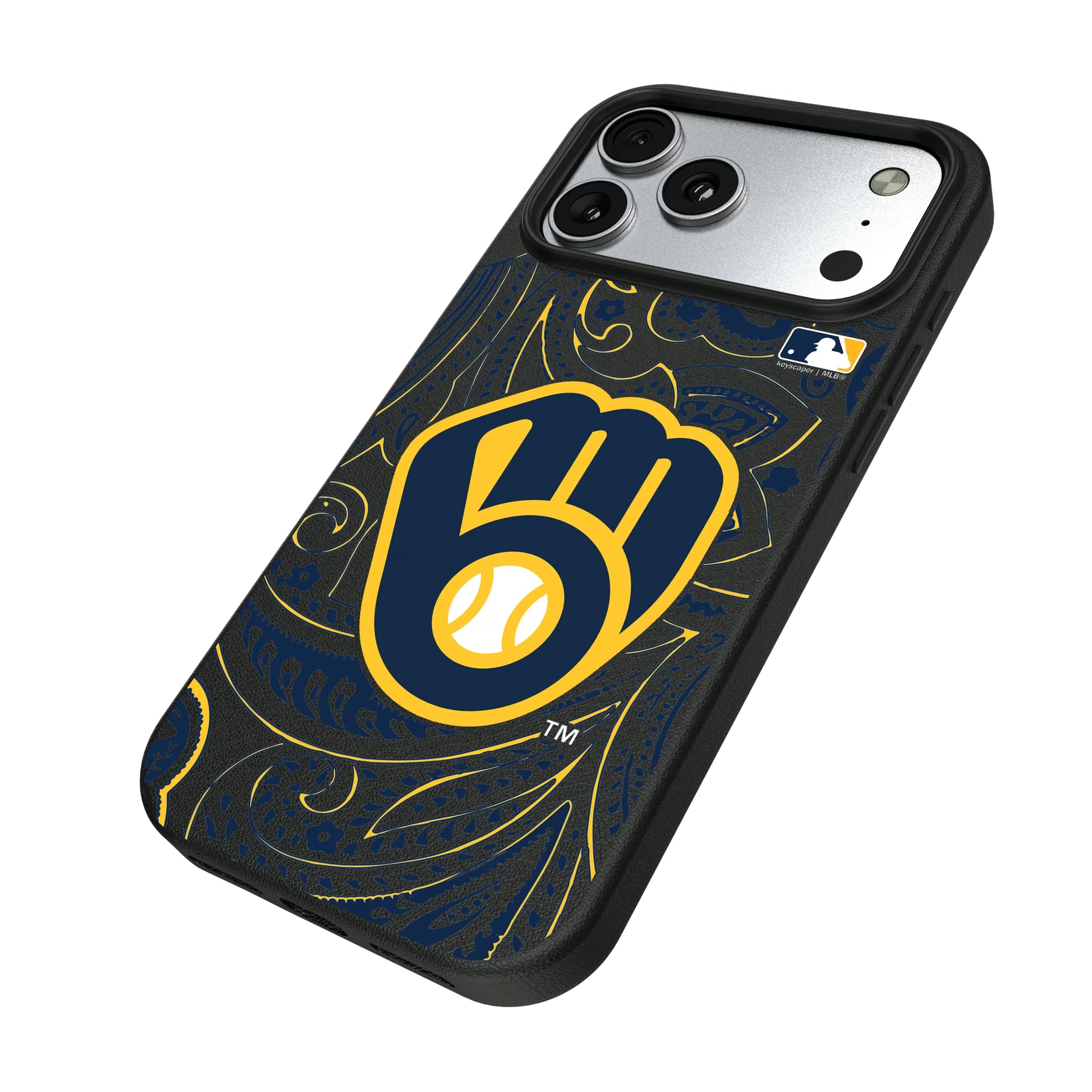 Milwaukee Brewers Paisley iPhone MagSafe Compatible Phone Case for Apple iPhone - Isometric View#Device_iPhone 17 Pro Max