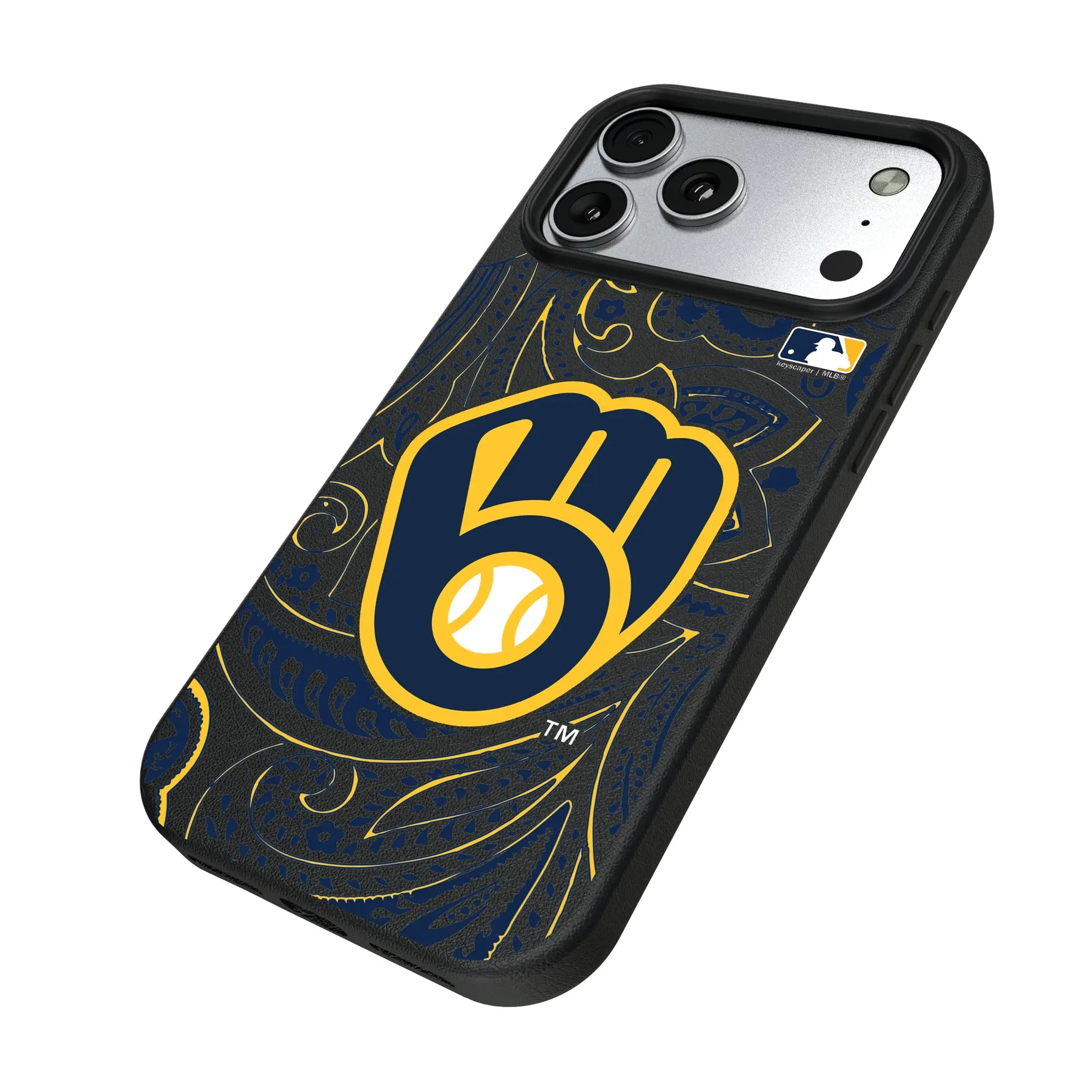 Milwaukee Brewers Paisley iPhone MagSafe Compatible Phone Case for Apple iPhone - Isometric View#Device_iPhone 17 Pro Max