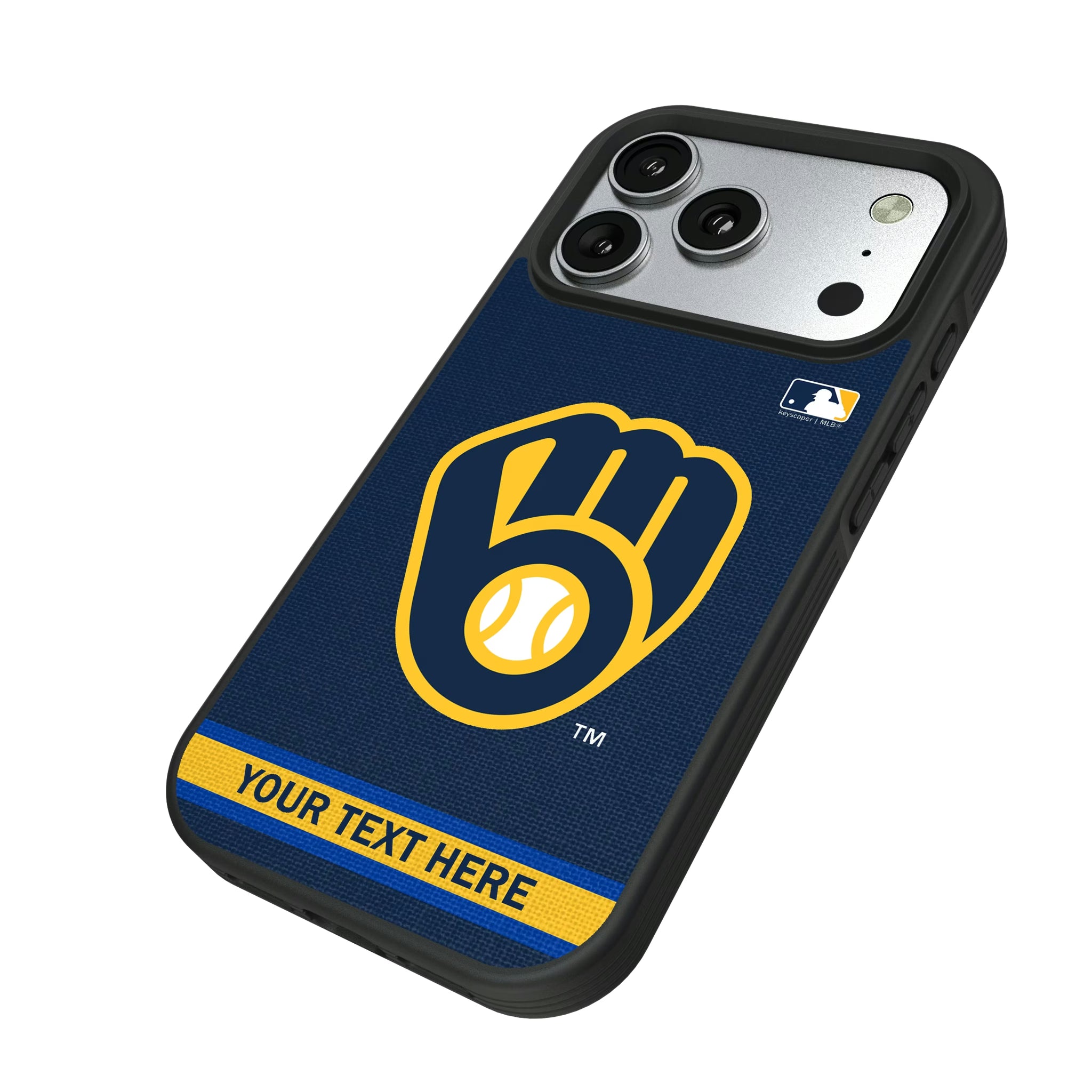 Milwaukee Brewers Personalized Stripe iPhone Bump Phone Case for Apple iPhone - Isometric View#Device_iPhone 17 Pro