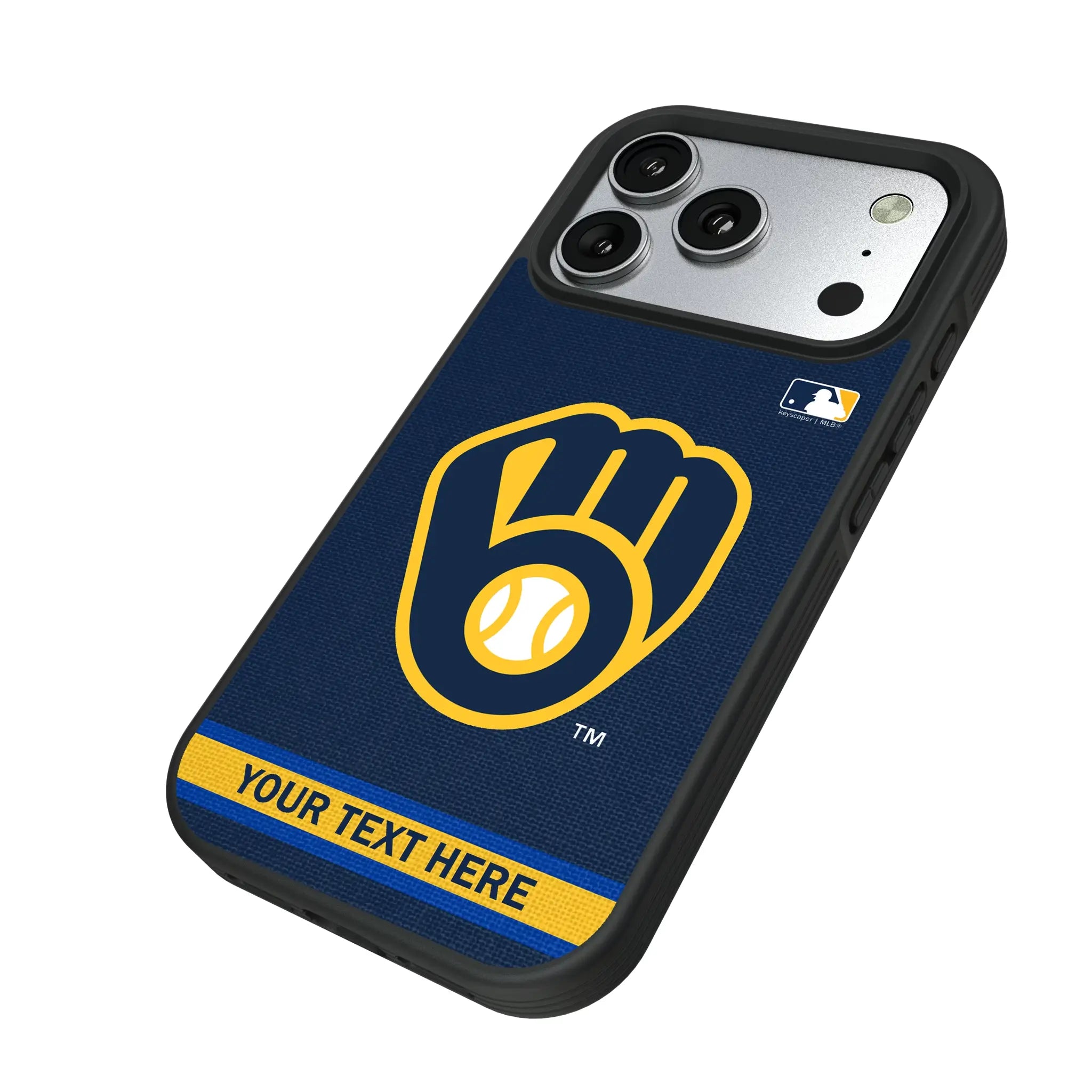 Milwaukee Brewers Personalized Stripe iPhone Bump Phone Case for Apple iPhone - Isometric View#Device_iPhone 17 Pro