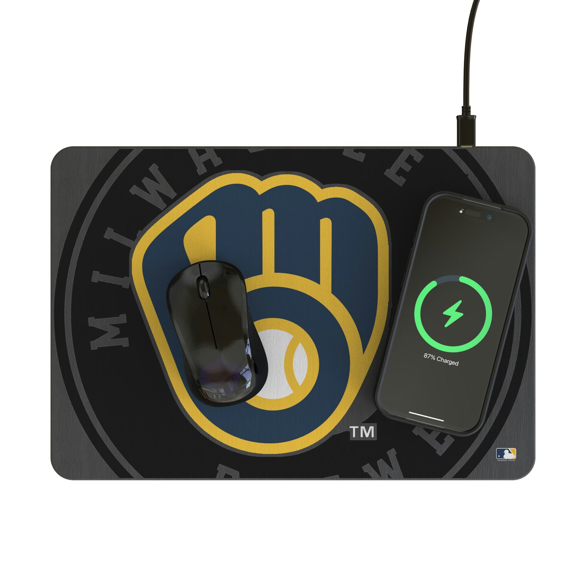 Milwaukee Brewers Personalized Tilt 15-Watt Wireless Charger and Mouse Pad - Lifestyle