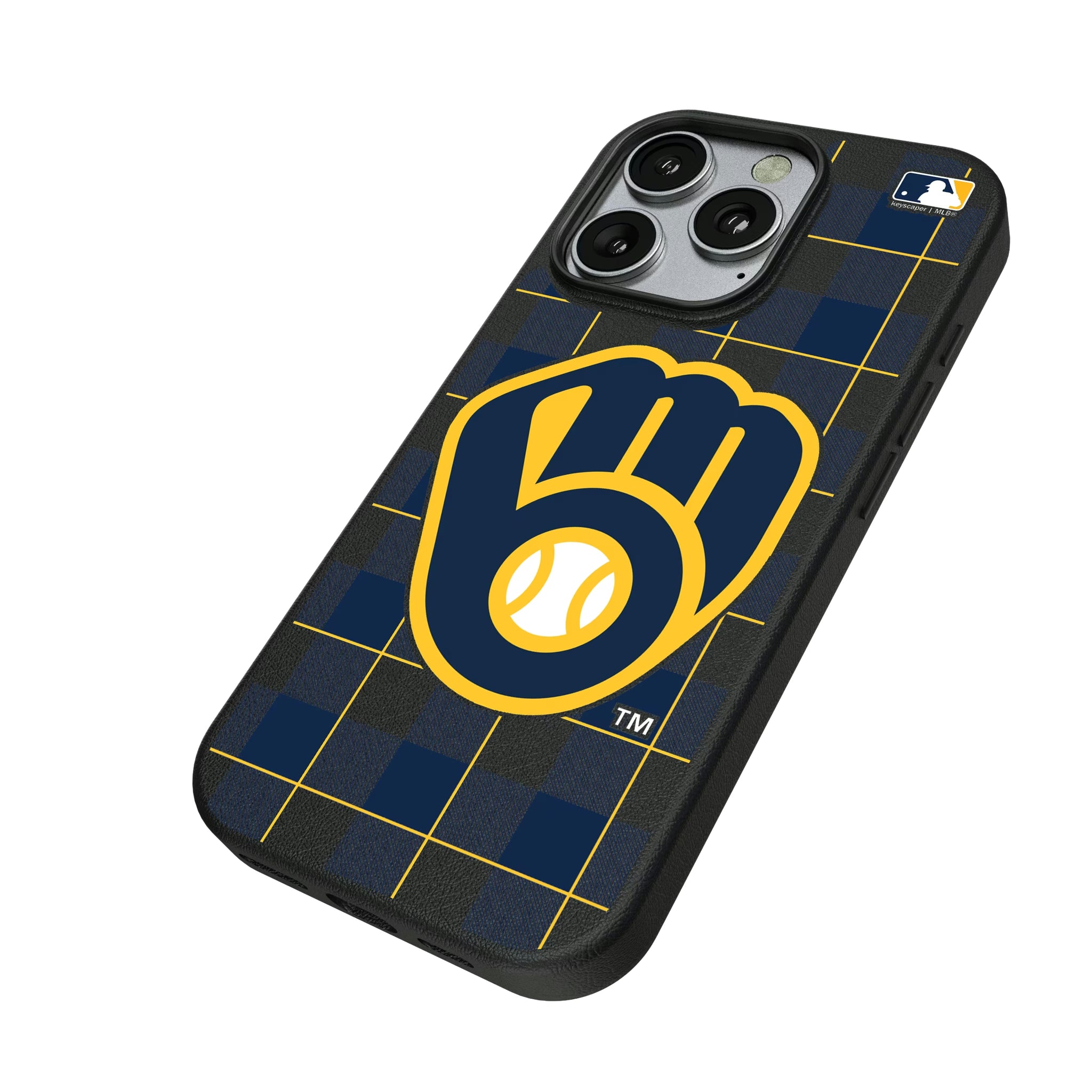 Milwaukee Brewers Plaid iPhone MagSafe Compatible Phone Case for Apple iPhone - Isometric View