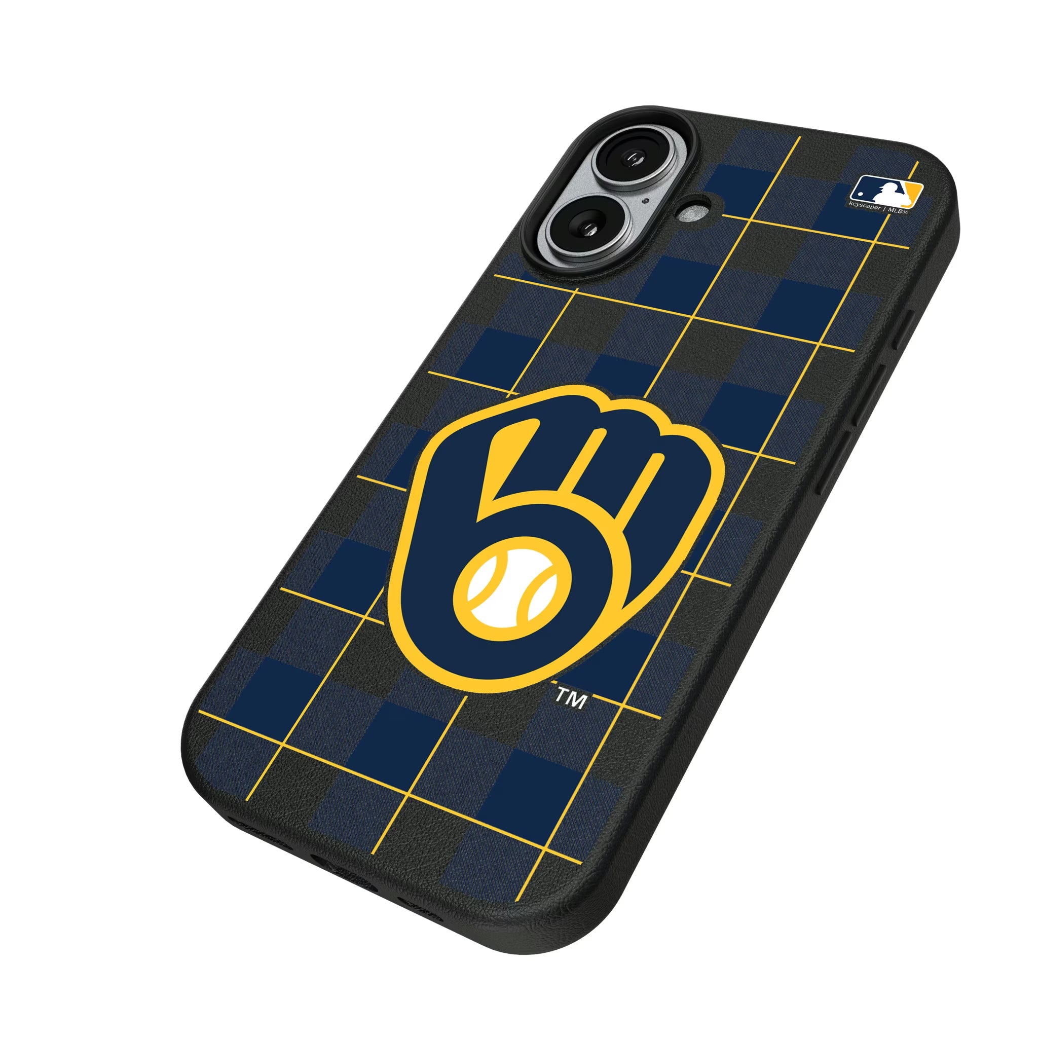 Milwaukee Brewers Plaid iPhone MagSafe Compatible Phone Case for Apple iPhone - Isometric View#Device_iPhone 17