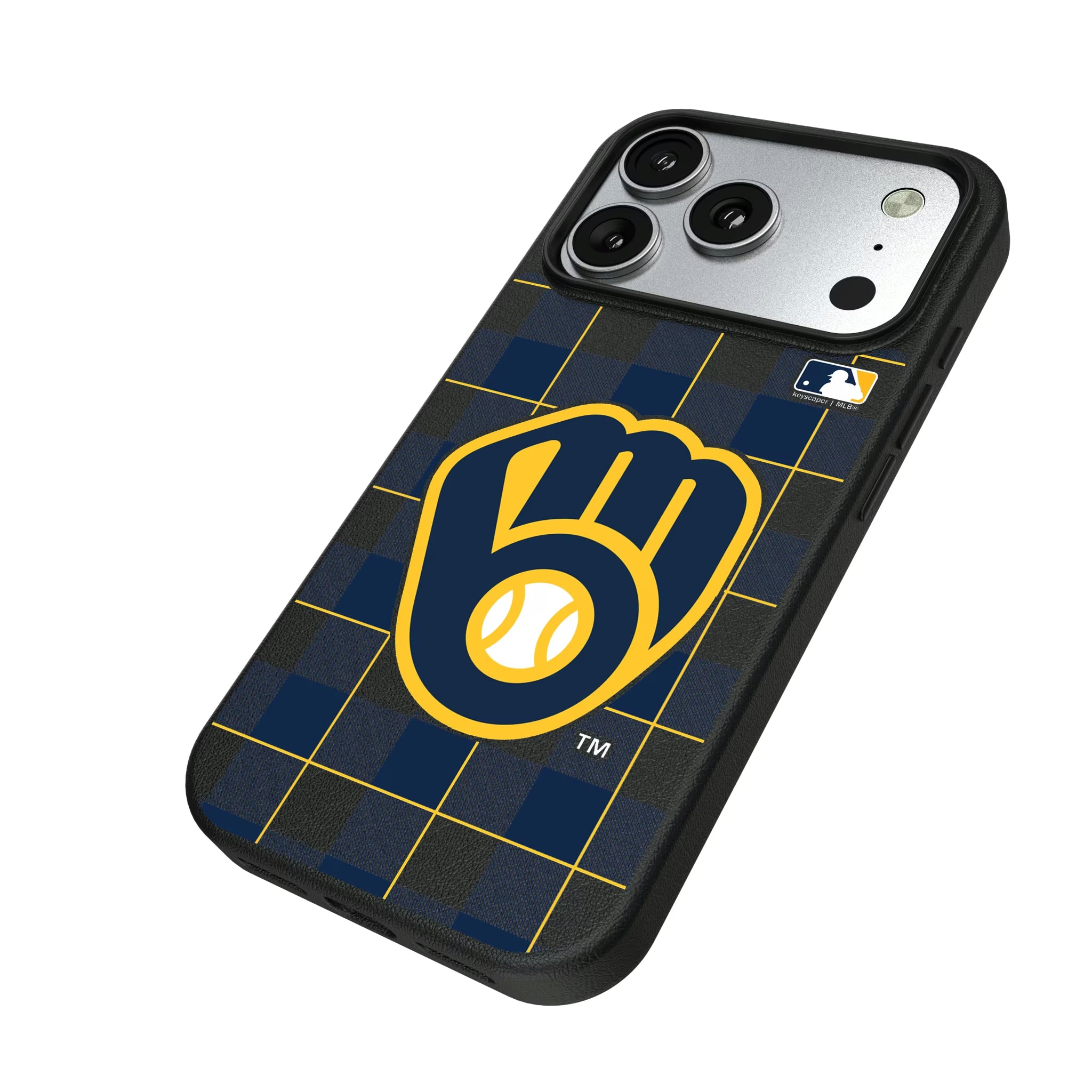 Milwaukee Brewers Plaid iPhone MagSafe Compatible Phone Case for Apple iPhone - Isometric View#Device_iPhone 17 Pro