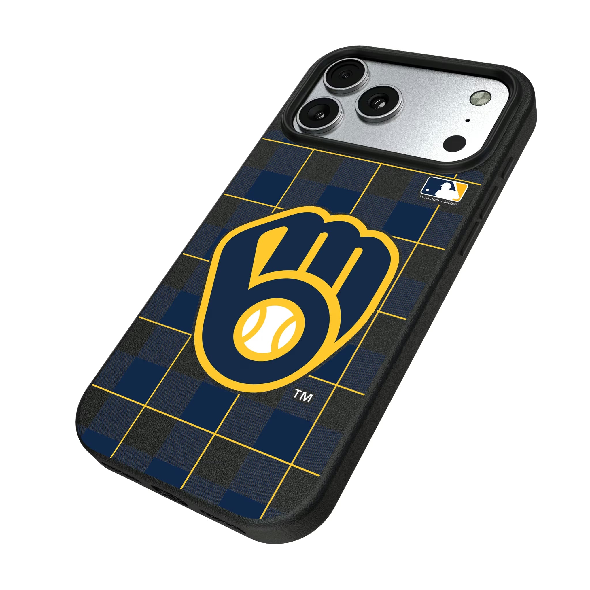 Milwaukee Brewers Plaid iPhone MagSafe Compatible Phone Case for Apple iPhone - Isometric View#Device_iPhone 17 Pro Max