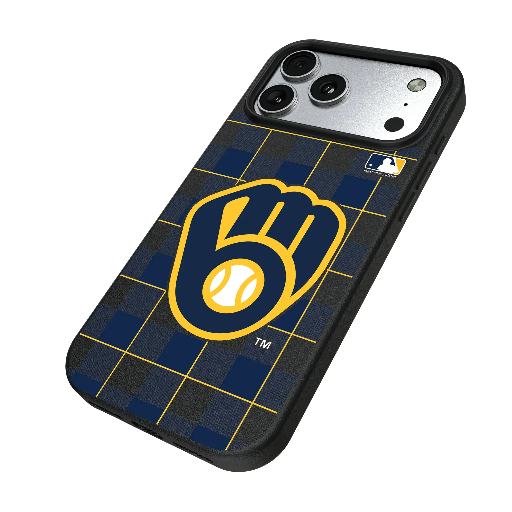 Milwaukee Brewers Plaid iPhone MagSafe Compatible Phone Case for Apple iPhone - Isometric View#Device_iPhone 17 Pro Max