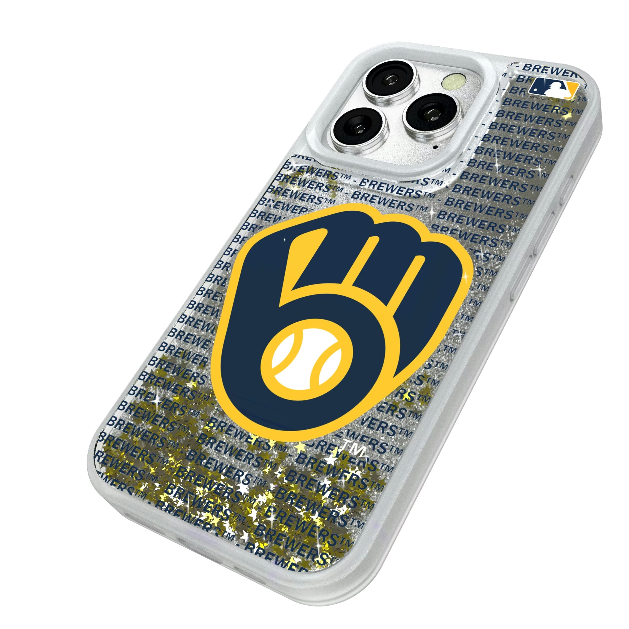 Milwaukee Brewers Text Backdrop iPhone Glitter Phone Case for Apple iPhone - Isometric View#Device_iPhone 16 Pro