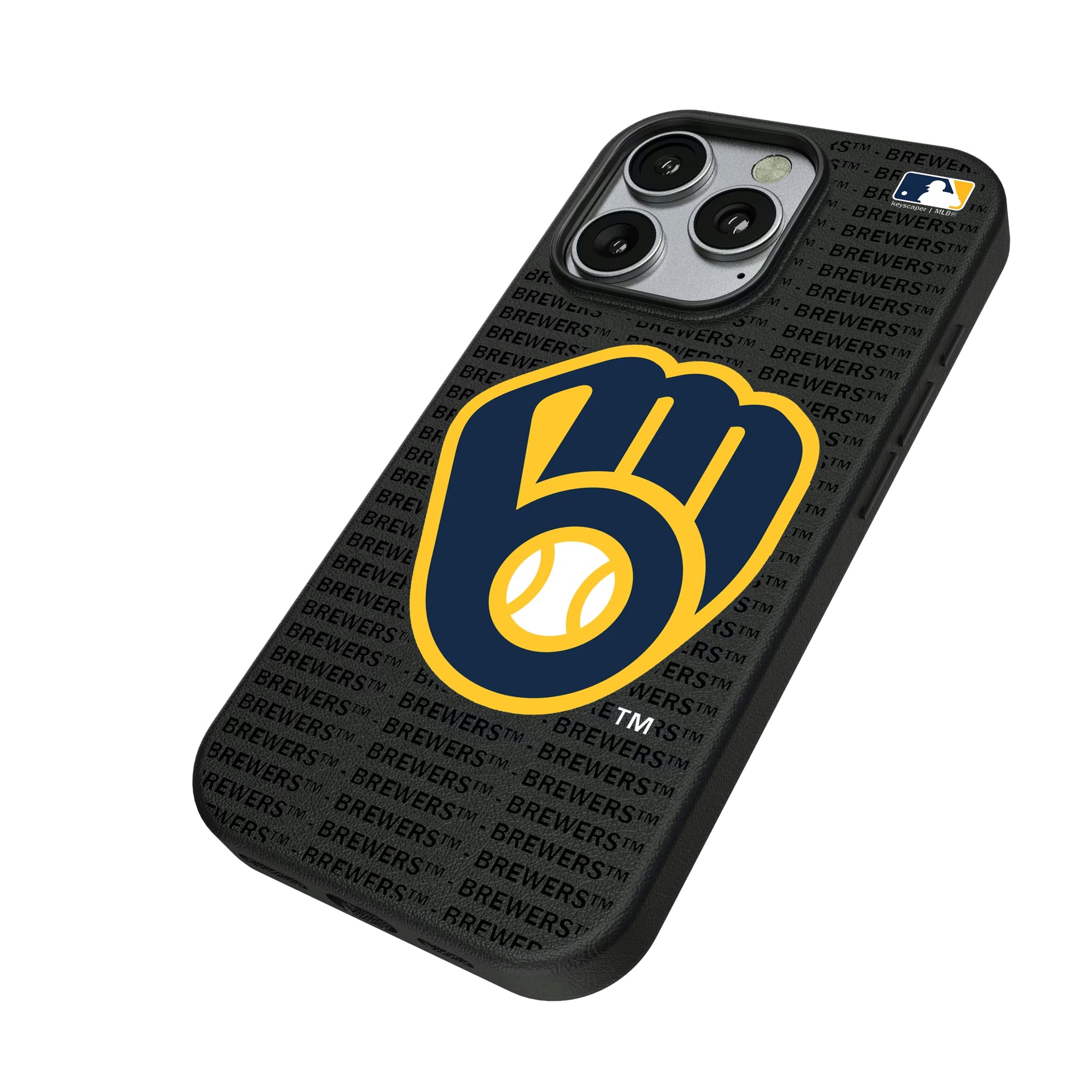Milwaukee Brewers Text Backdrop iPhone MagSafe Compatible Phone Case for Apple iPhone - Isometric View