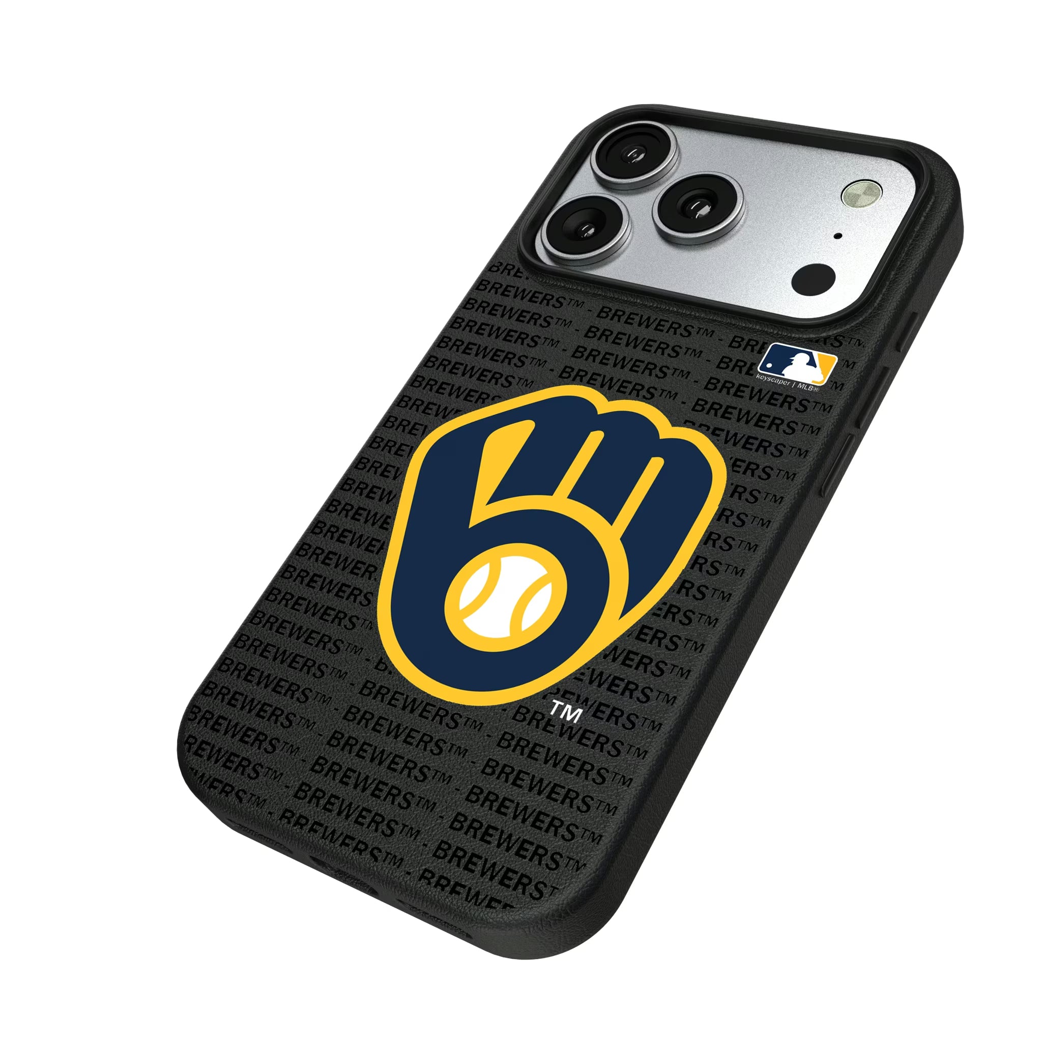 Milwaukee Brewers Text Backdrop iPhone MagSafe Compatible Phone Case for Apple iPhone - Isometric View#Device_iPhone 17 Pro