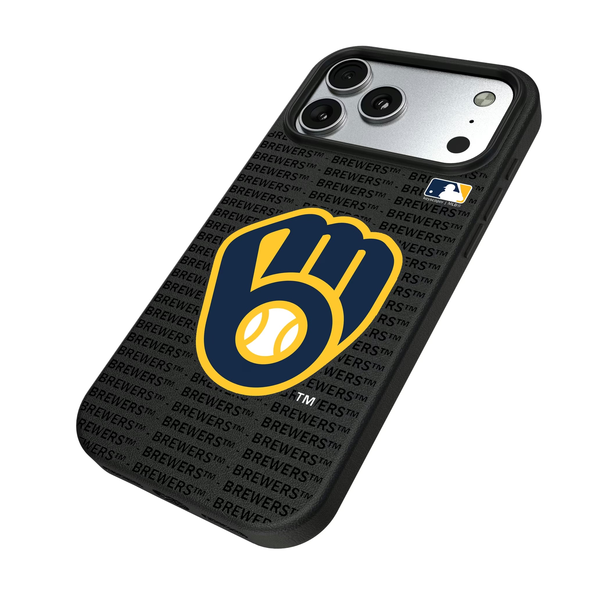 Milwaukee Brewers Text Backdrop iPhone MagSafe Compatible Phone Case for Apple iPhone - Isometric View#Device_iPhone 17 Pro Max