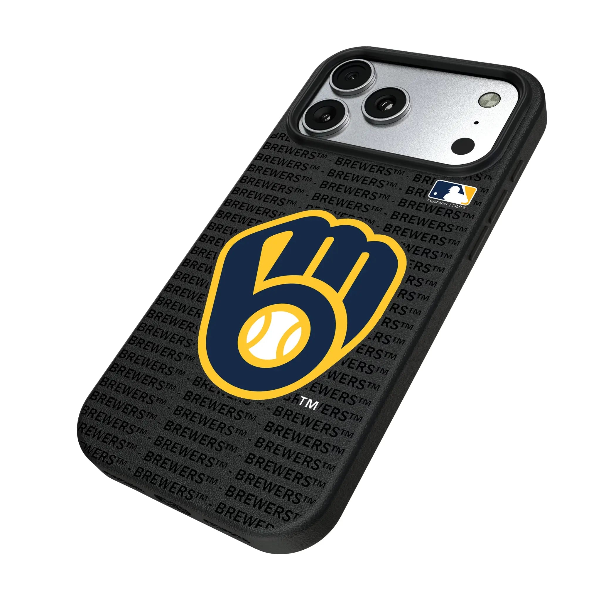 Milwaukee Brewers Text Backdrop iPhone MagSafe Compatible Phone Case for Apple iPhone - Isometric View#Device_iPhone 17 Pro Max