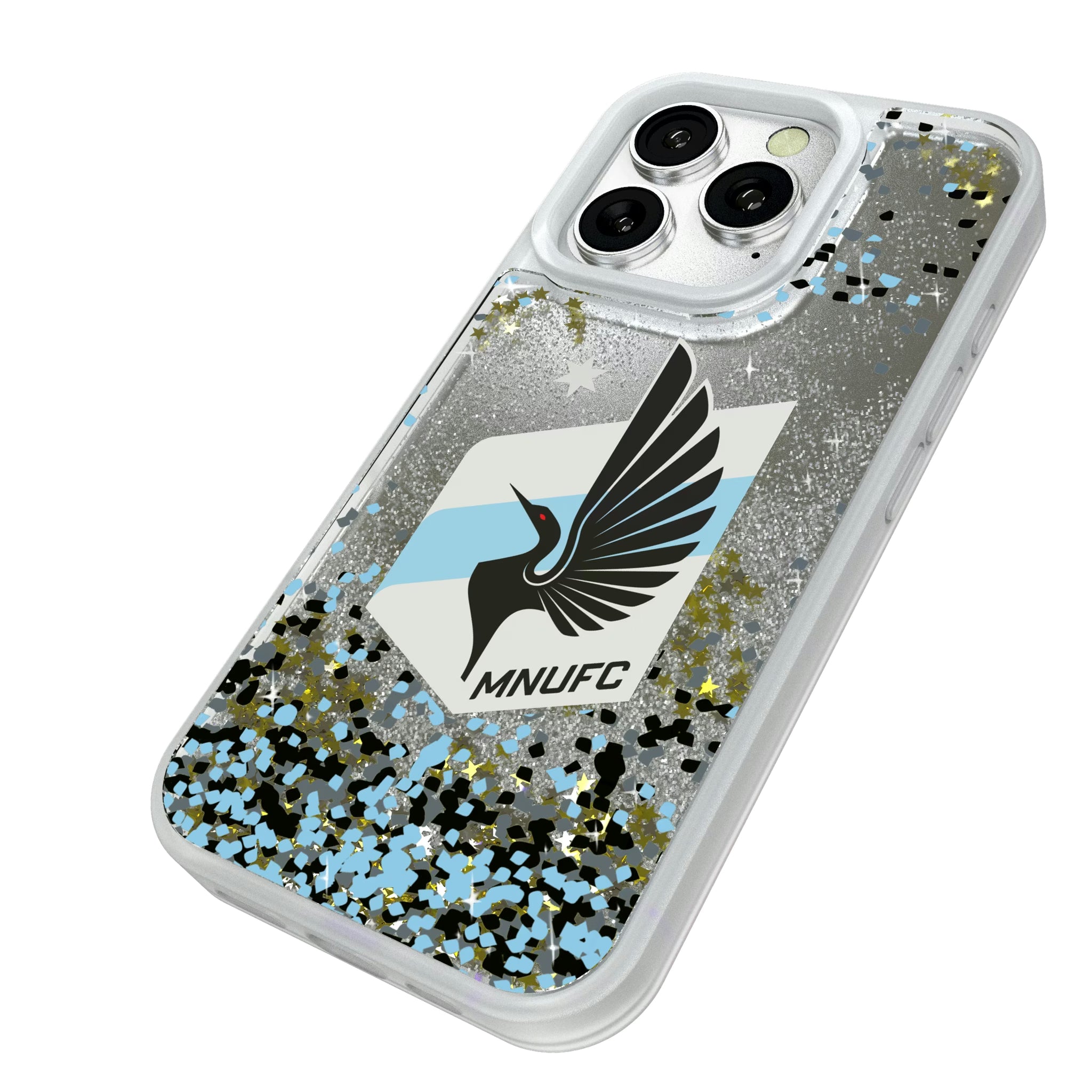 Minnesota United FC Confetti iPhone Glitter Phone Case for Apple iPhone - Isometric View#Device_iPhone 16 Pro
