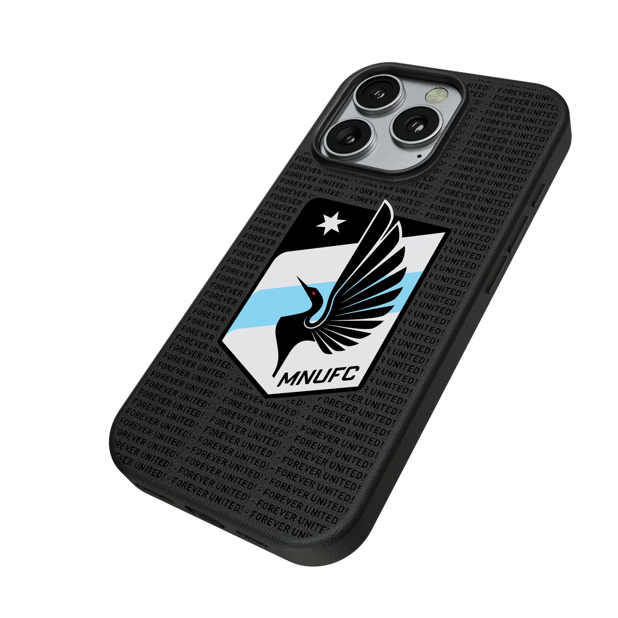 Minnesota United FC Text Backdrop iPhone MagSafe Compatible Phone Case for Apple iPhone - Isometric View
