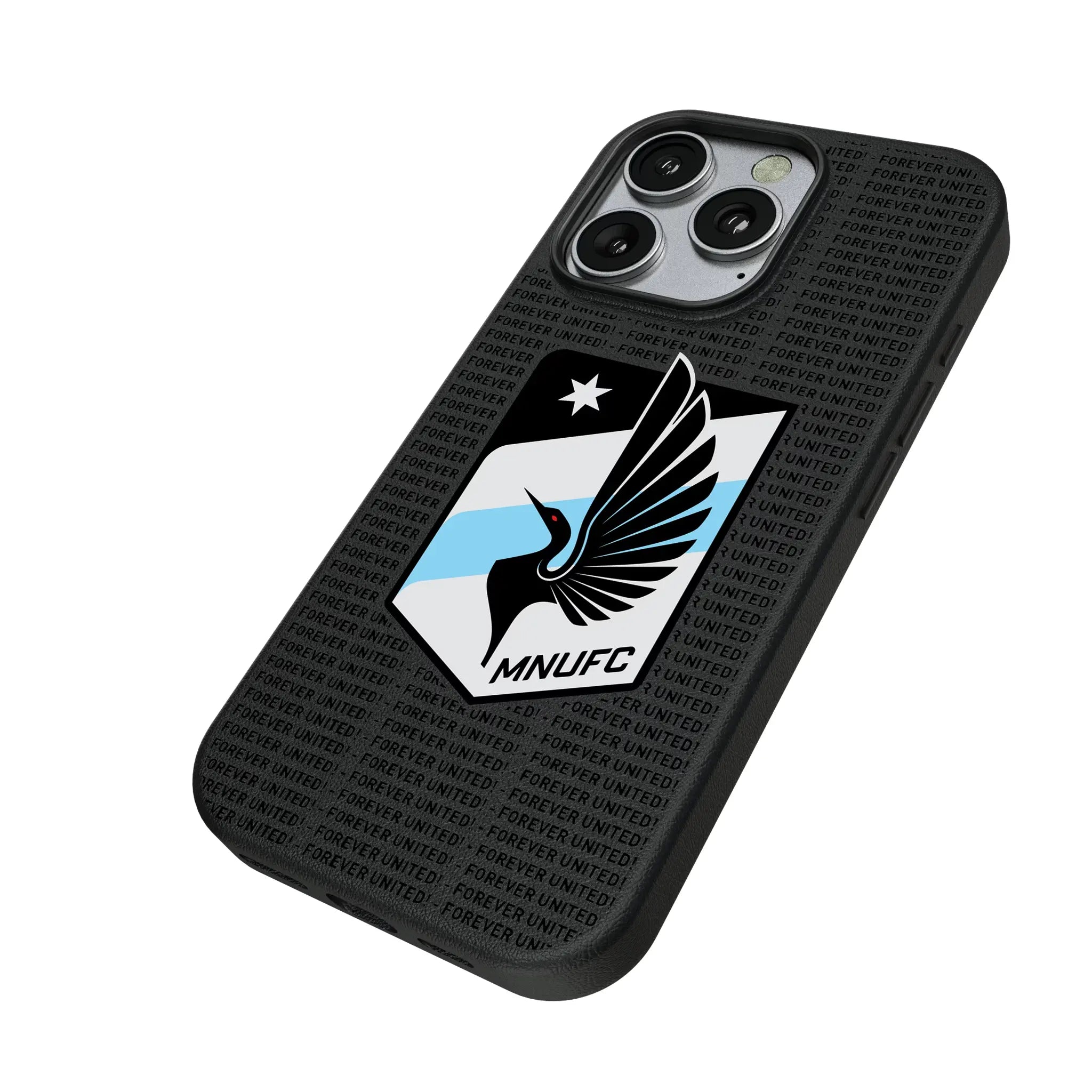 Minnesota United FC Text Backdrop iPhone MagSafe Compatible Phone Case for Apple iPhone - Isometric View