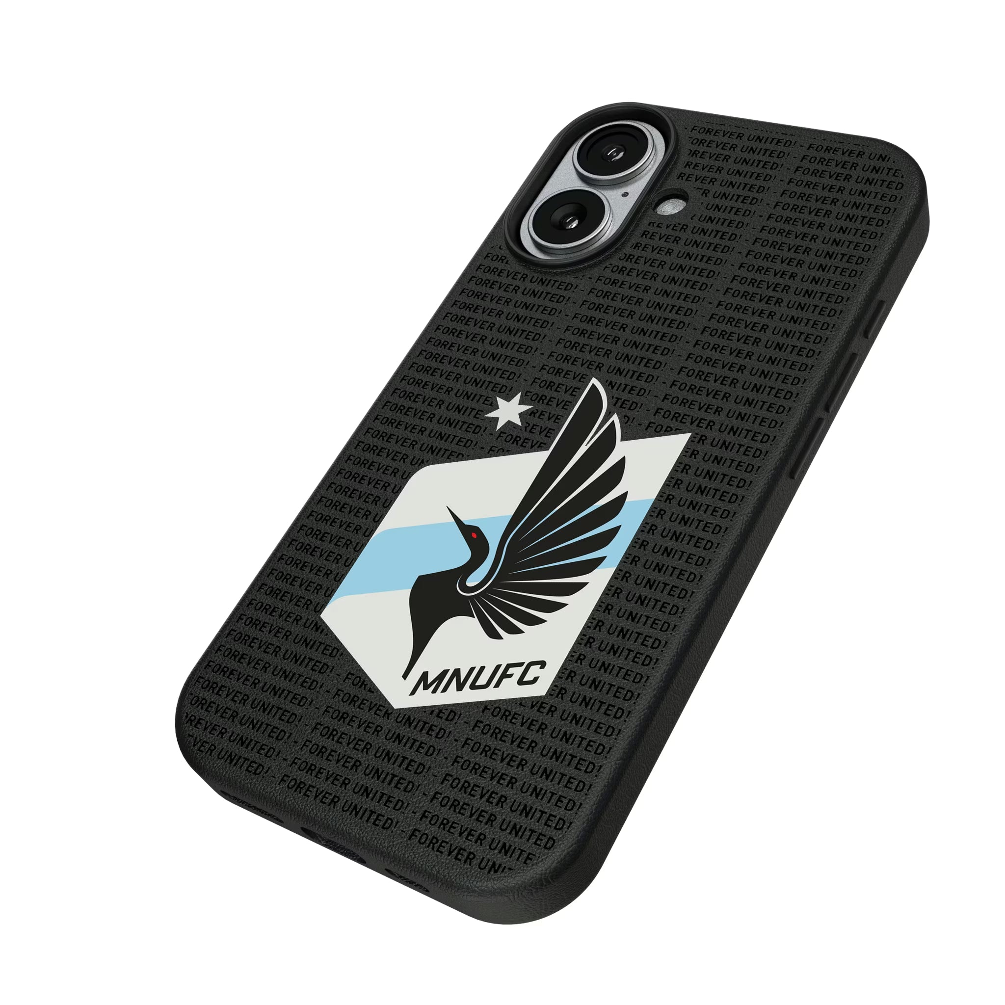 Minnesota United FC Text Backdrop iPhone MagSafe Compatible Phone Case for Apple iPhone - Isometric View#Device_iPhone 17