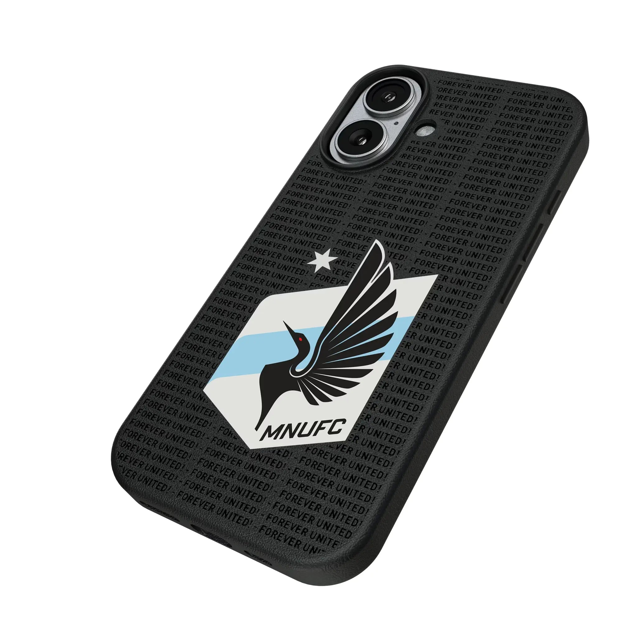 Minnesota United FC Text Backdrop iPhone MagSafe Compatible Phone Case for Apple iPhone - Isometric View#Device_iPhone 17
