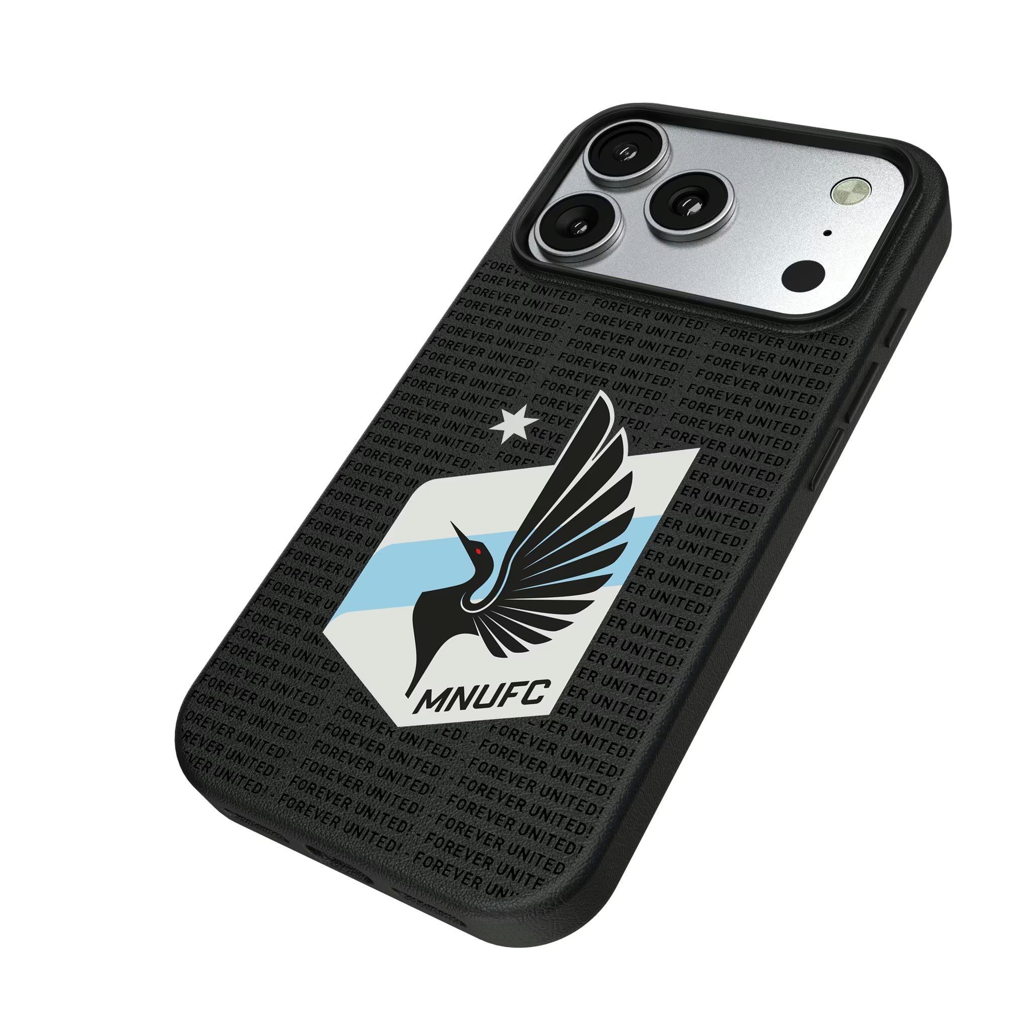 Minnesota United FC Text Backdrop iPhone MagSafe Compatible Phone Case for Apple iPhone - Isometric View#Device_iPhone 17 Pro