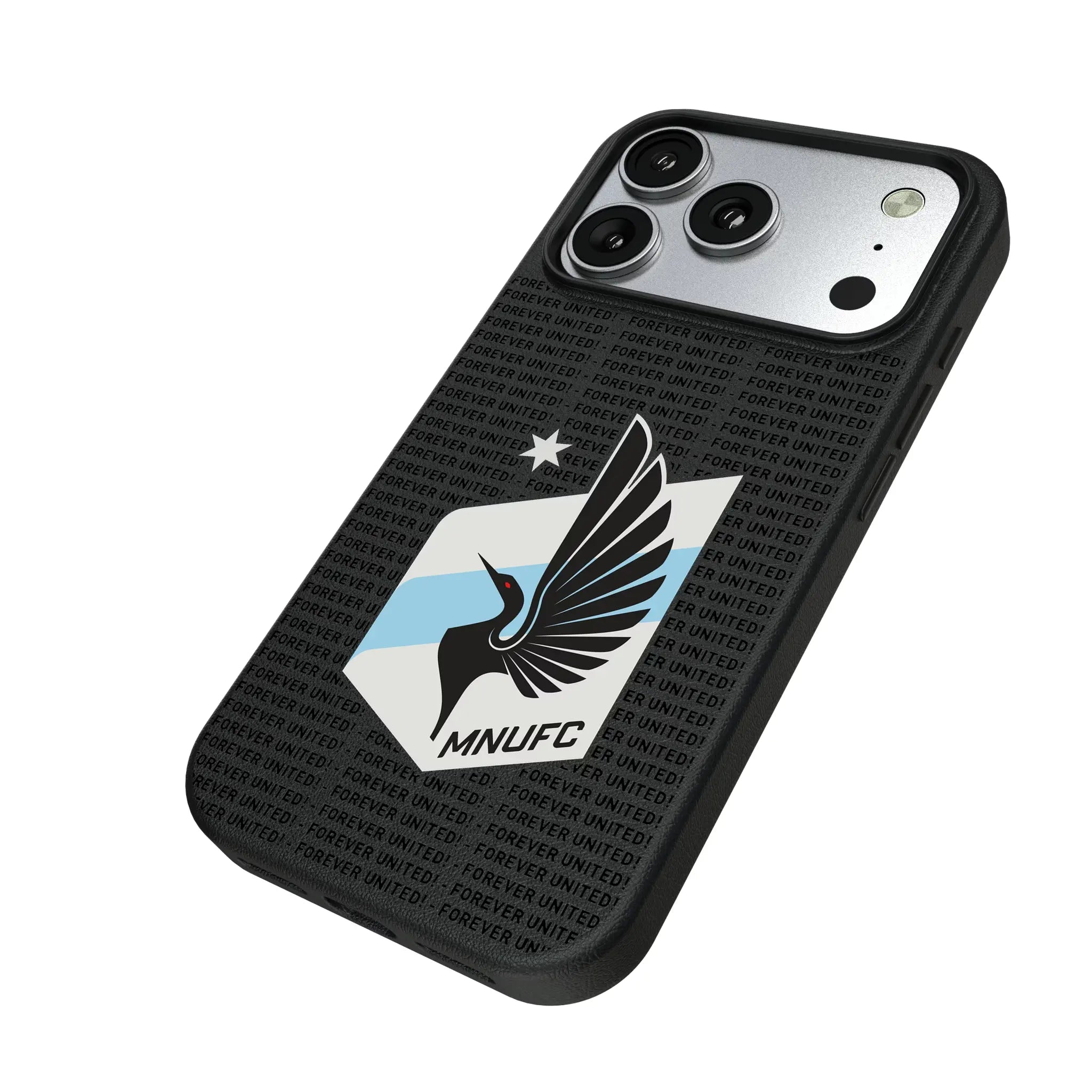 Minnesota United FC Text Backdrop iPhone MagSafe Compatible Phone Case for Apple iPhone - Isometric View#Device_iPhone 17 Pro