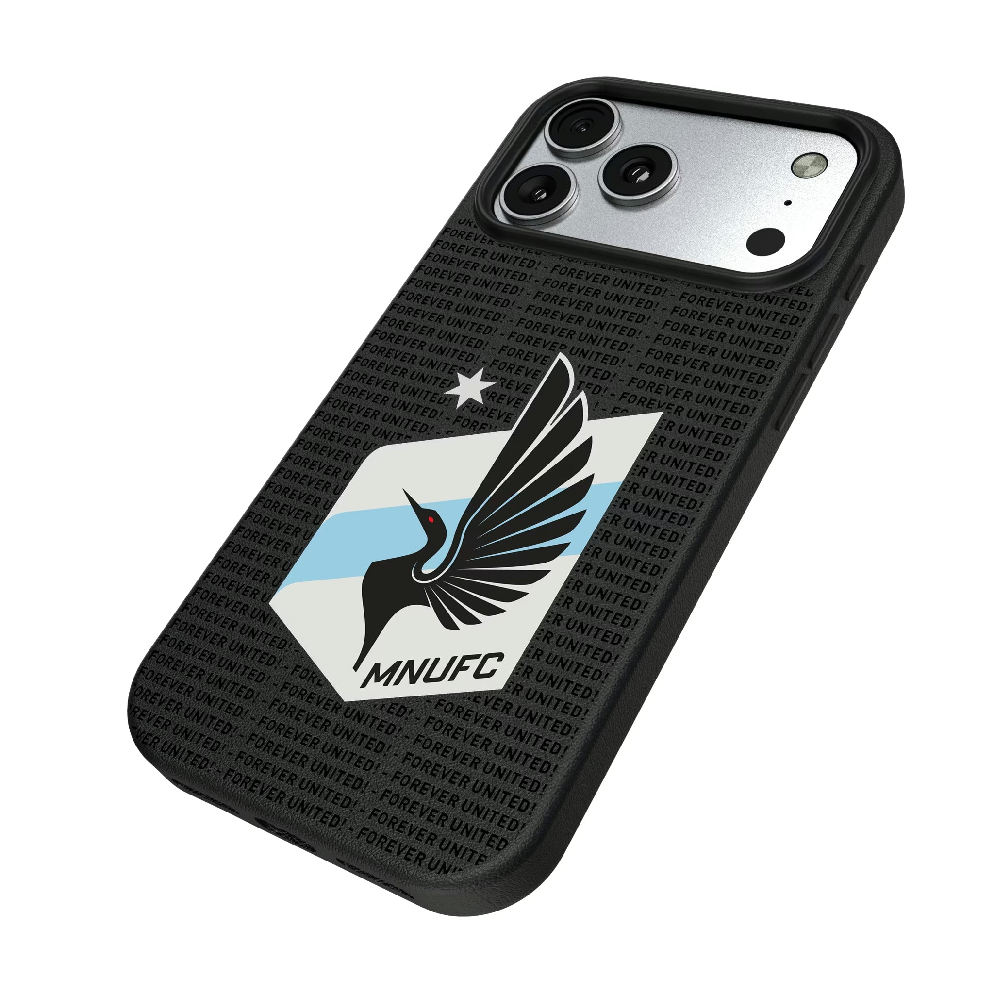 Minnesota United FC Text Backdrop iPhone MagSafe Compatible Phone Case for Apple iPhone - Isometric View#Device_iPhone 17 Pro Max