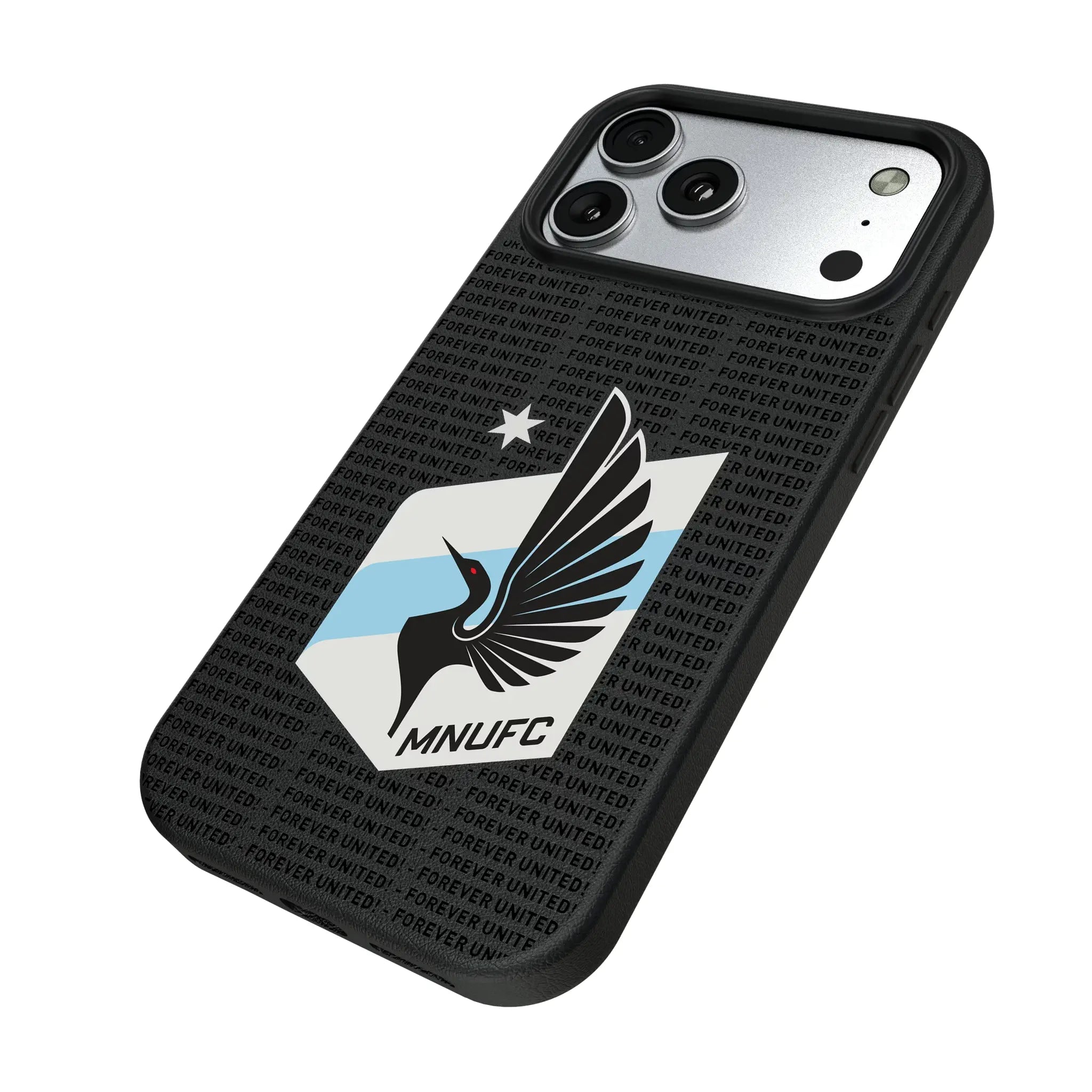 Minnesota United FC Text Backdrop iPhone MagSafe Compatible Phone Case for Apple iPhone - Isometric View#Device_iPhone 17 Pro Max