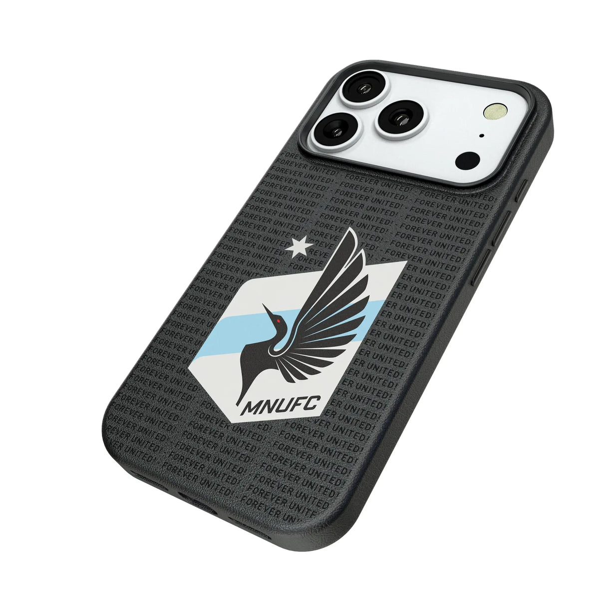 Minnesota United FC Text Backdrop iPhone MagSafe Compatible Phone Case for Apple iPhone - Isometric View#Device_iPhone 18 Pro